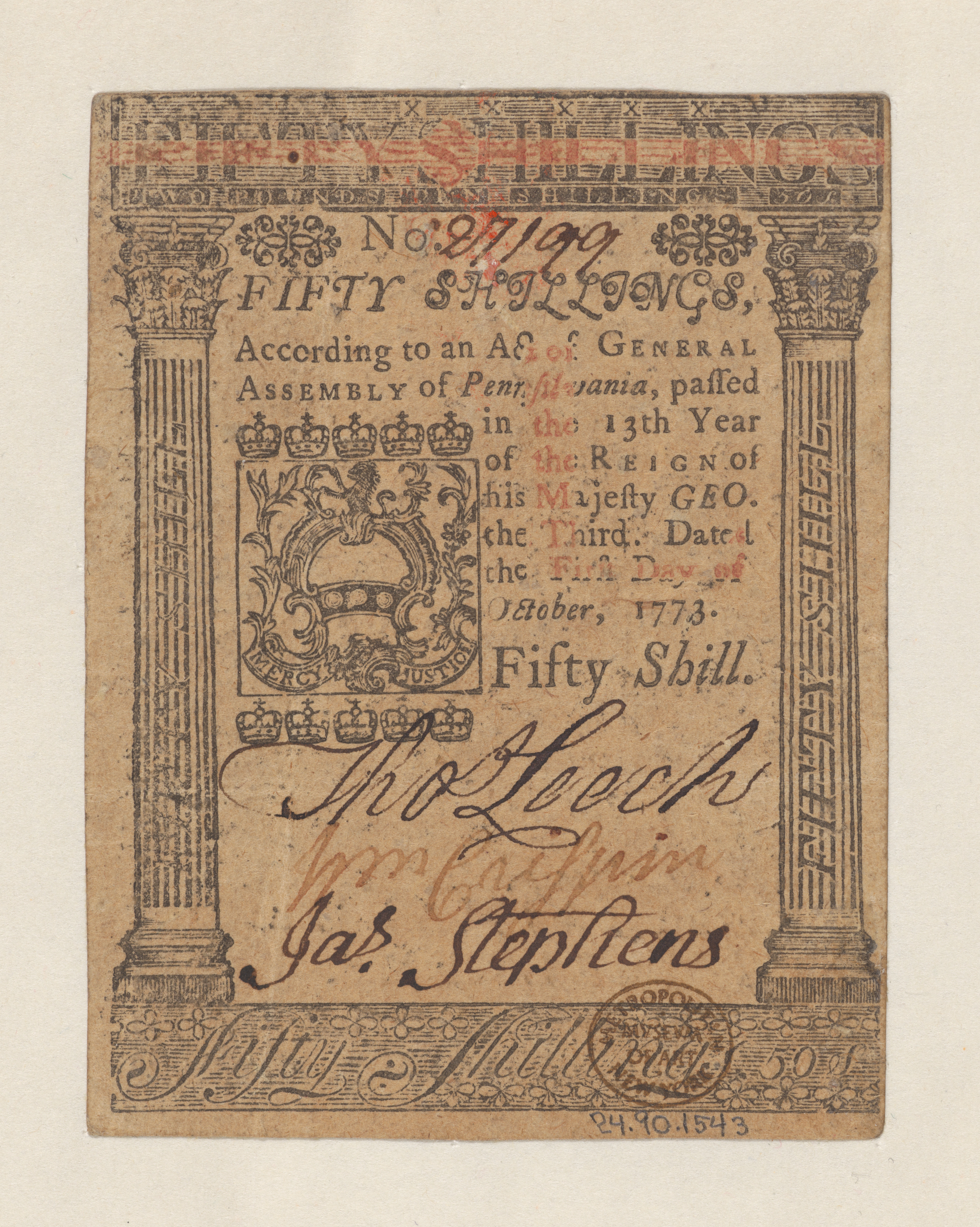 Pennsylvania Colonial Currency – Fifty Shillings