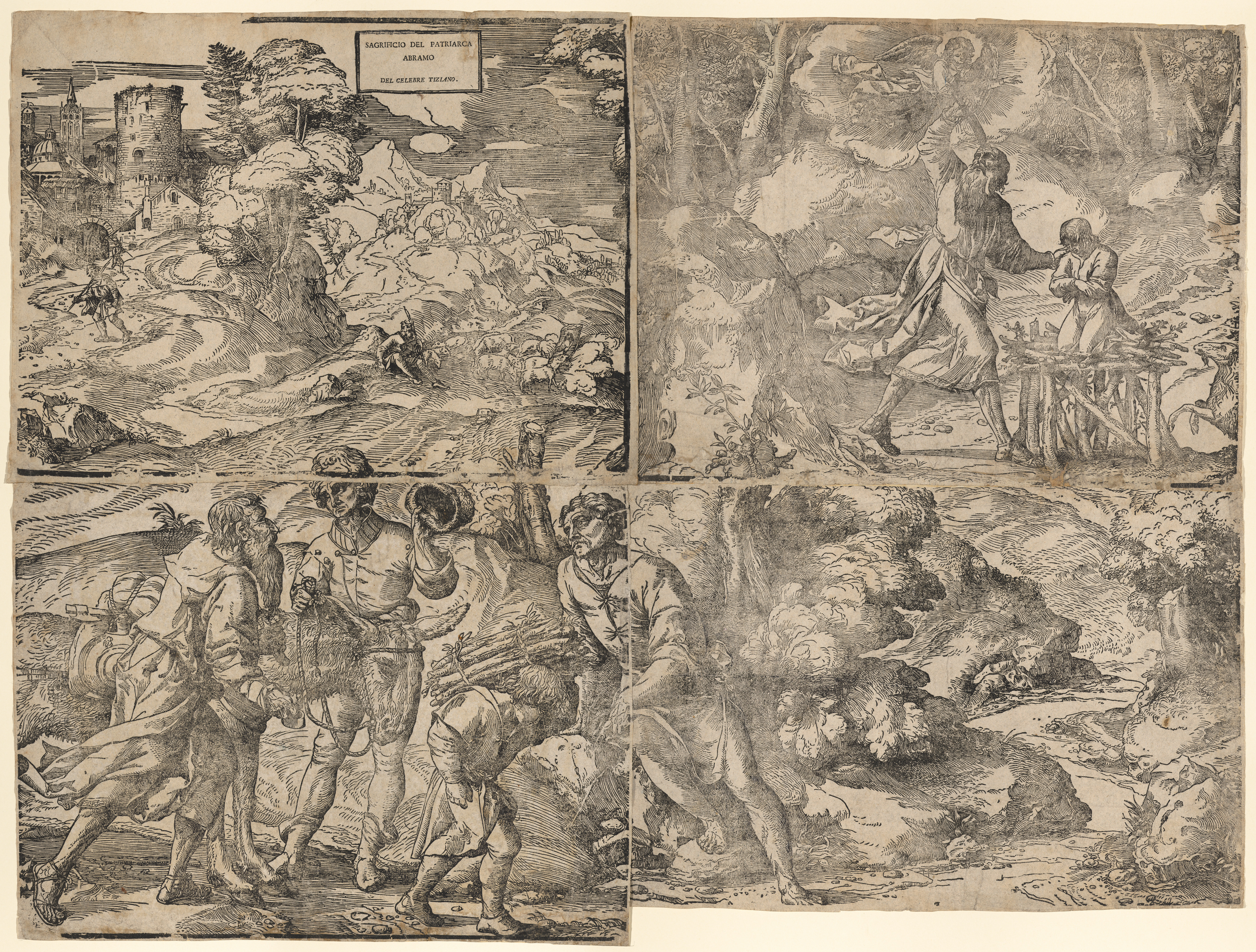 The Sacrifice of Isaac; Abraham standing with raised knife next to Isaac who kneels on a funeral pyre