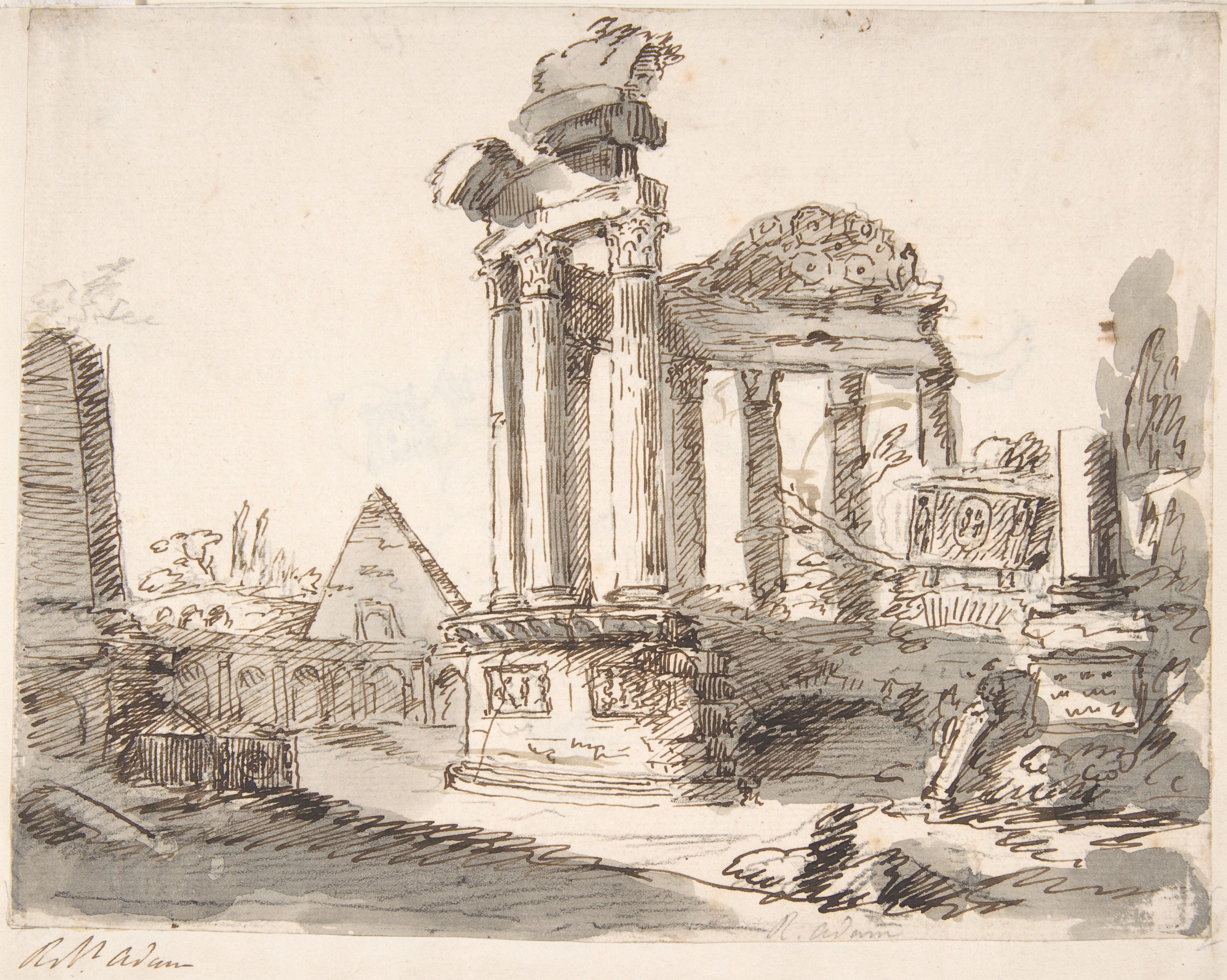 Robert Adam | Classical Landscape with Ruins (recto); Two men in