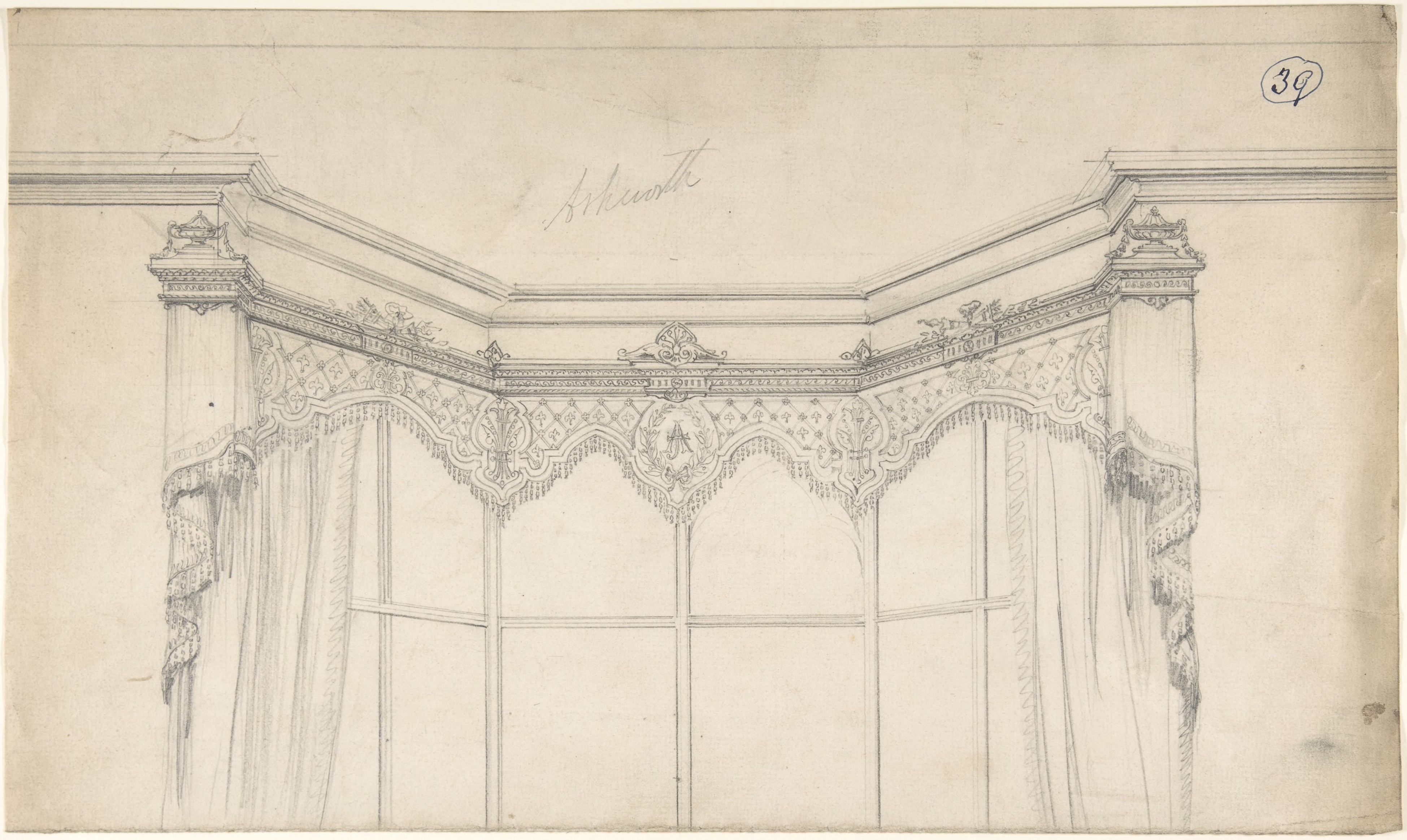 Partial Design for Bay Window with Monogrammed Curtains