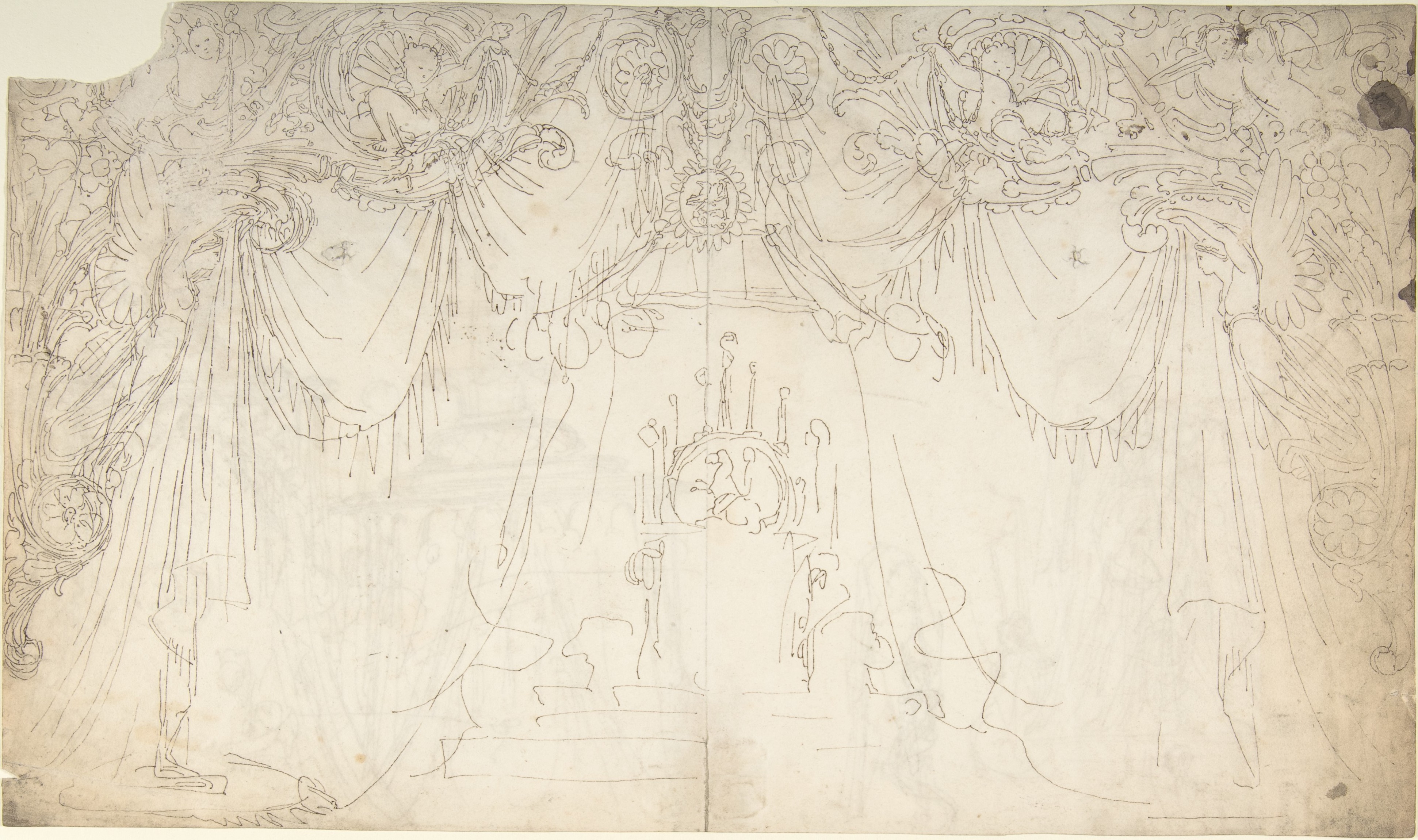 William Pitts | Design for Bed Alcove (recto); Studies for Statues and ...