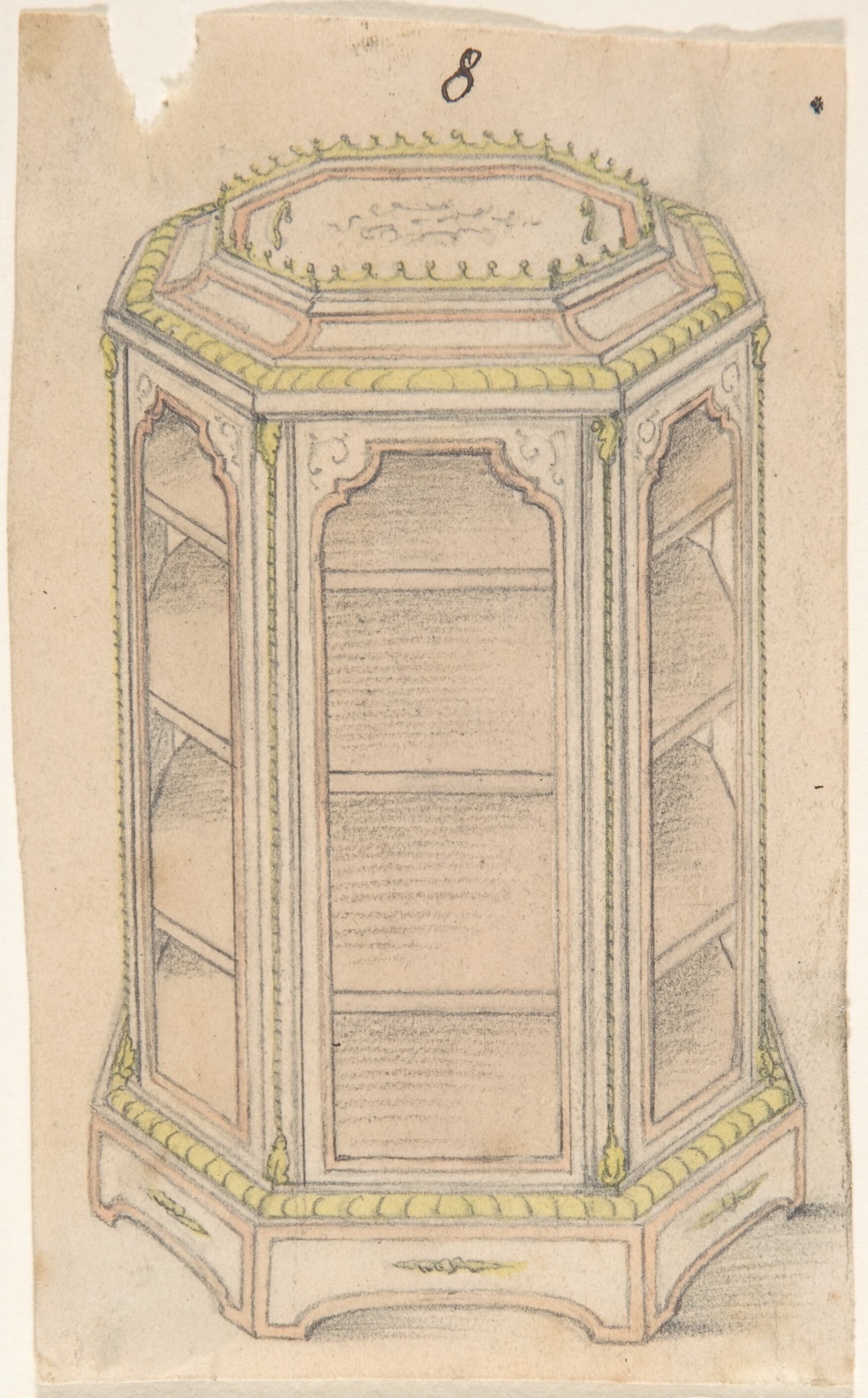 Anonymous, British, 19th century, Design for an Octagonal Cabinet with Glass Doors and Shelves