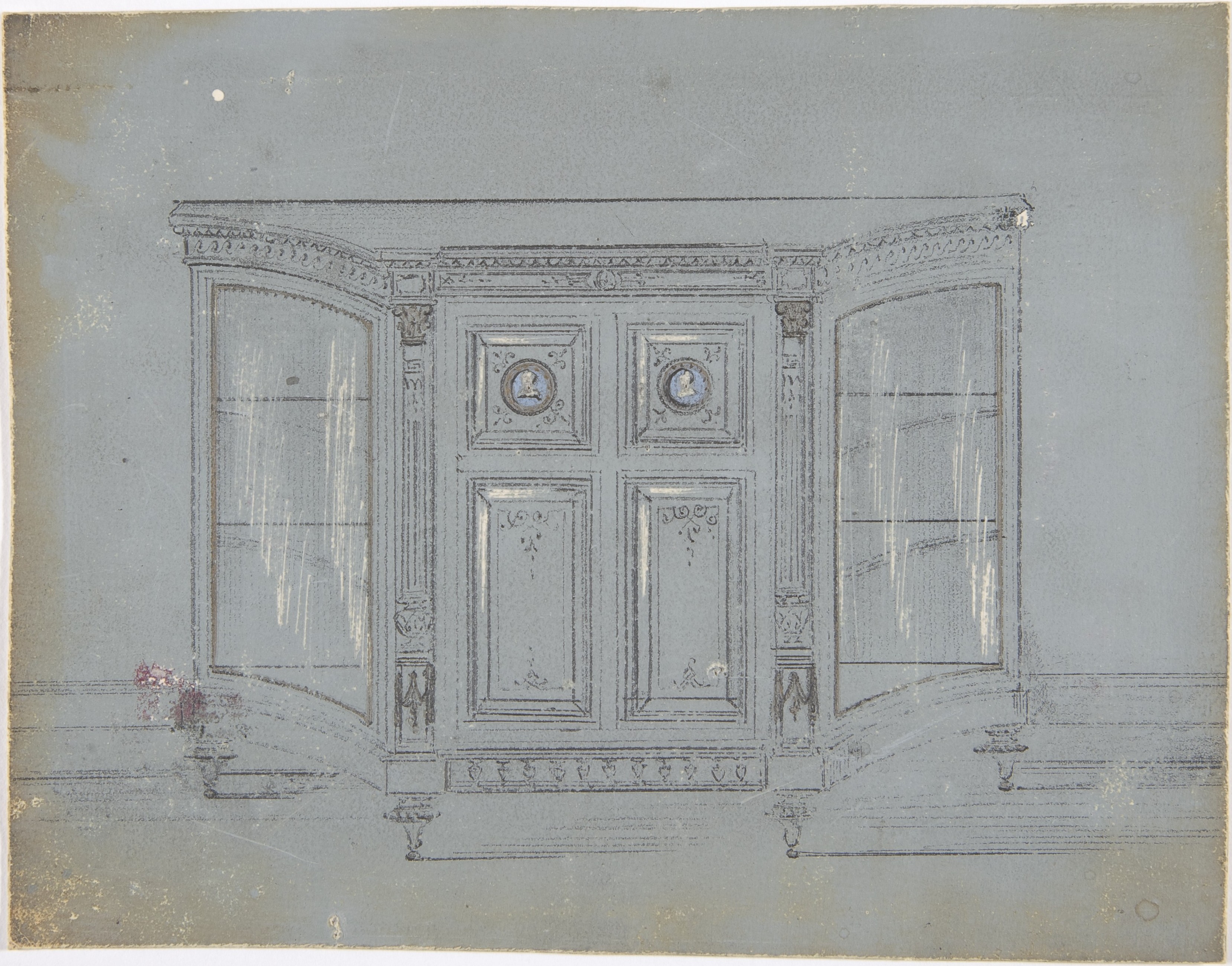 Anonymous, British, 19th century, Design for a Cabinet with Glass Side Doors and Porcelain Plaques
