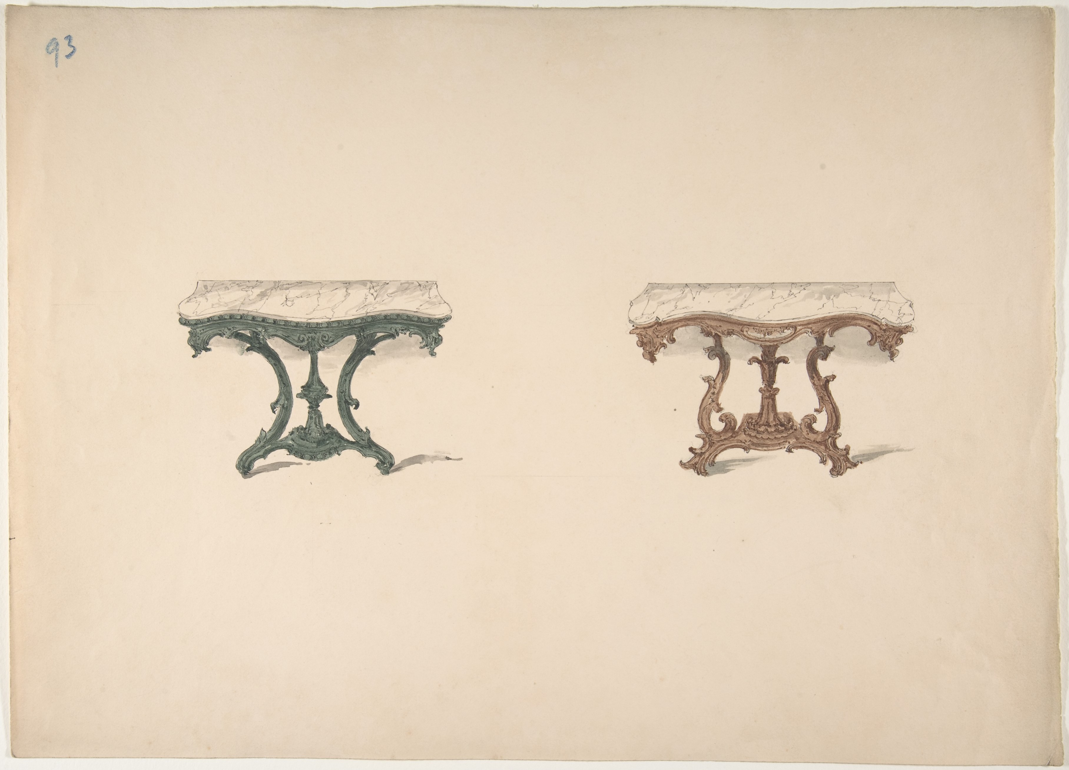 Anonymous, British, 19th century, Design for Two Marble Topped Tables with Carved Legs