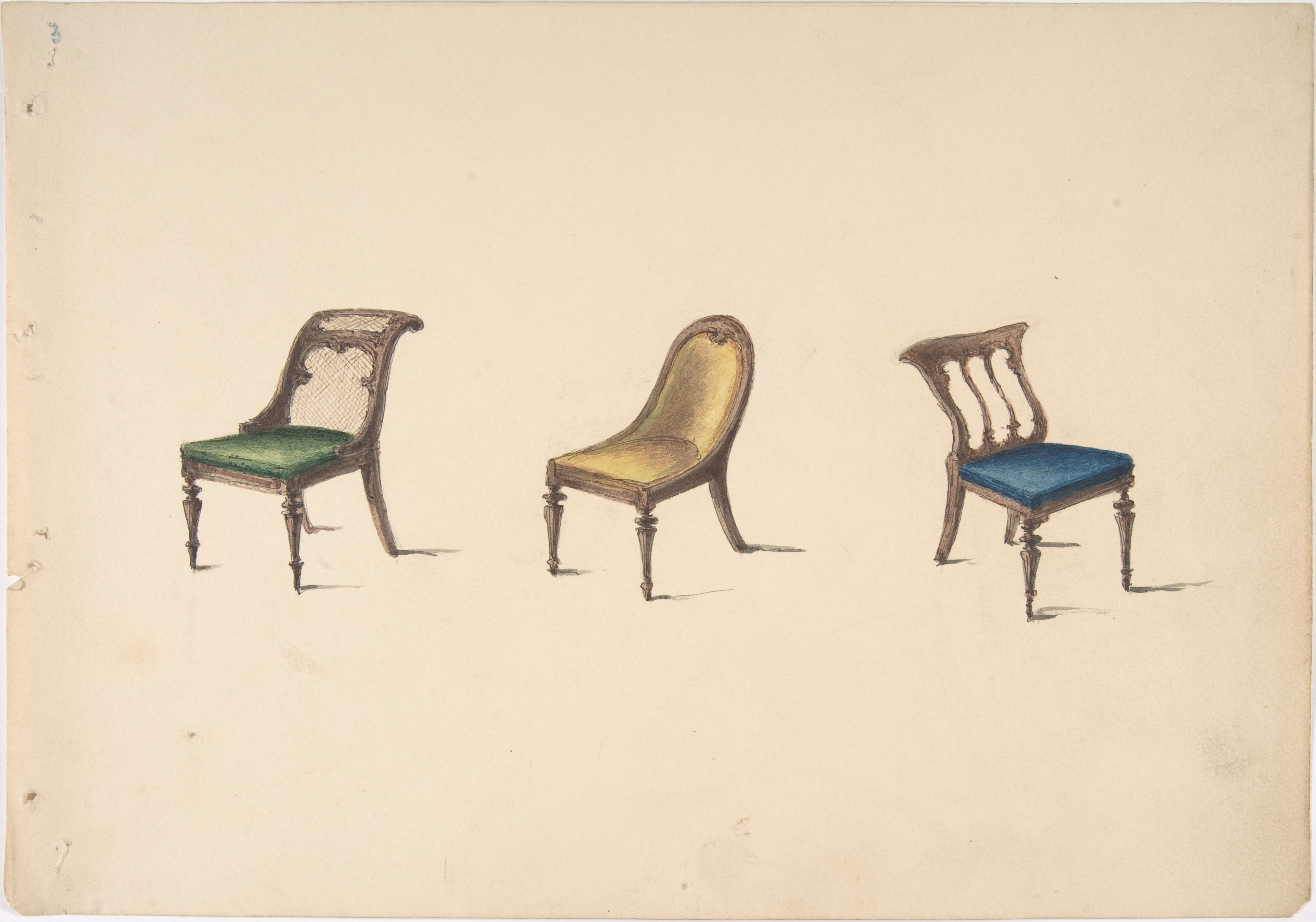 Anonymous, British, 19th century, Design for Three Chairs with Slanted Backs, Green, Yellow and Blue Upholstery