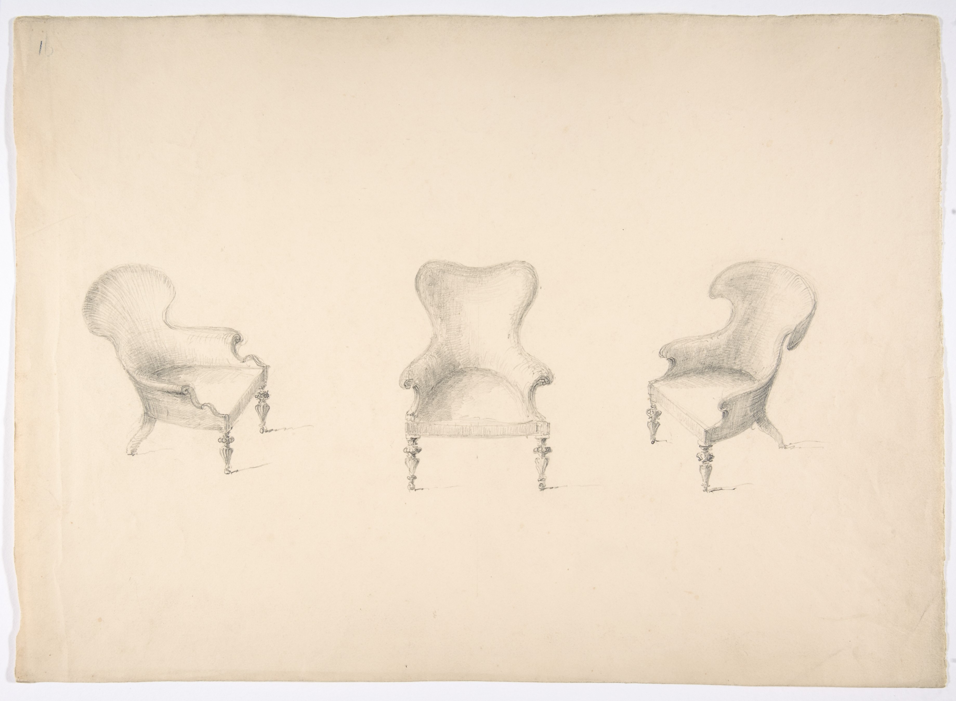 Anonymous, British, 19th century, Design for Three Low Uphostered Arm Chairs
