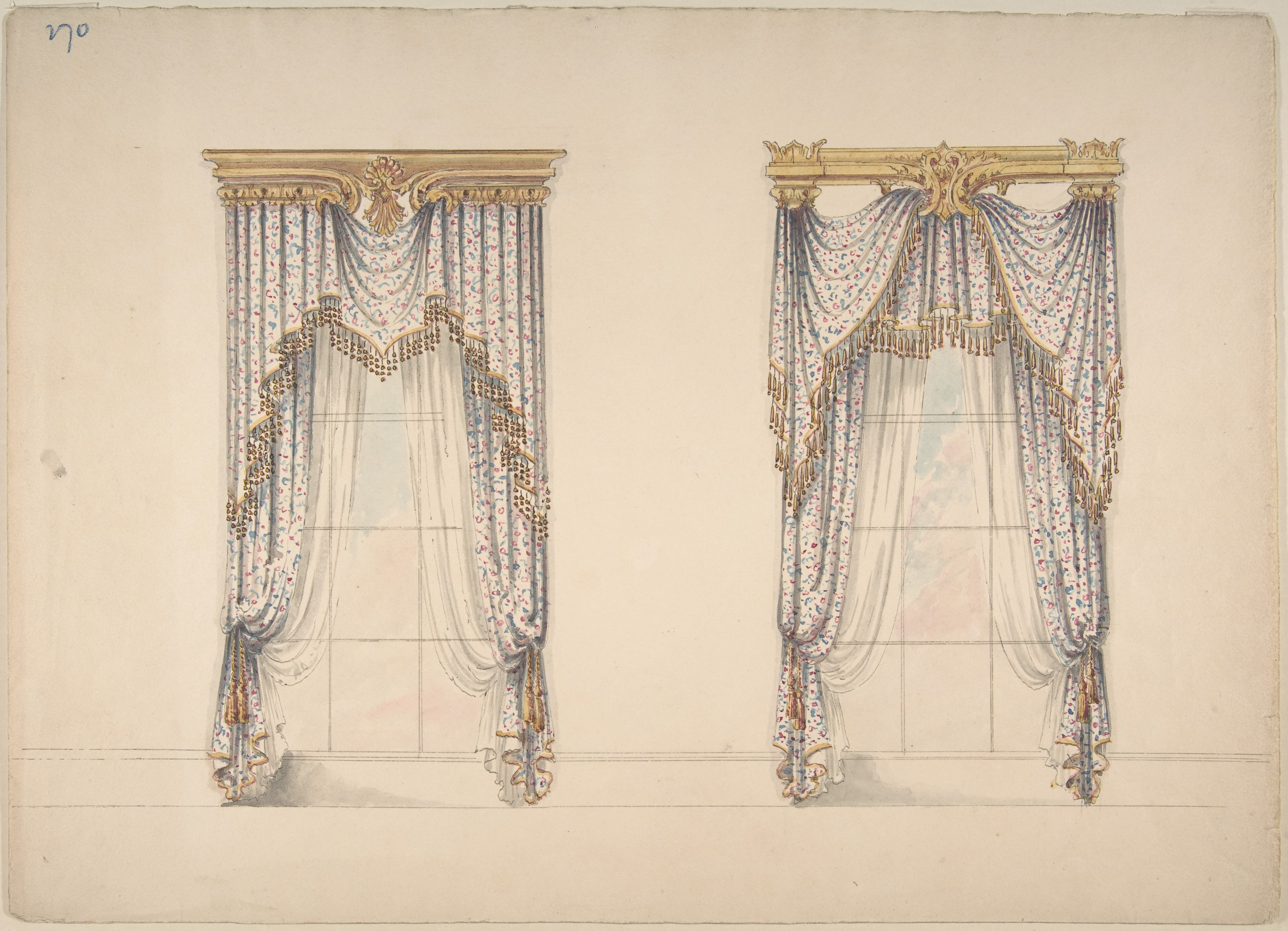 Design for Pink, Green and White Curtains with Gold and Red Fringes, and Gold Pediments