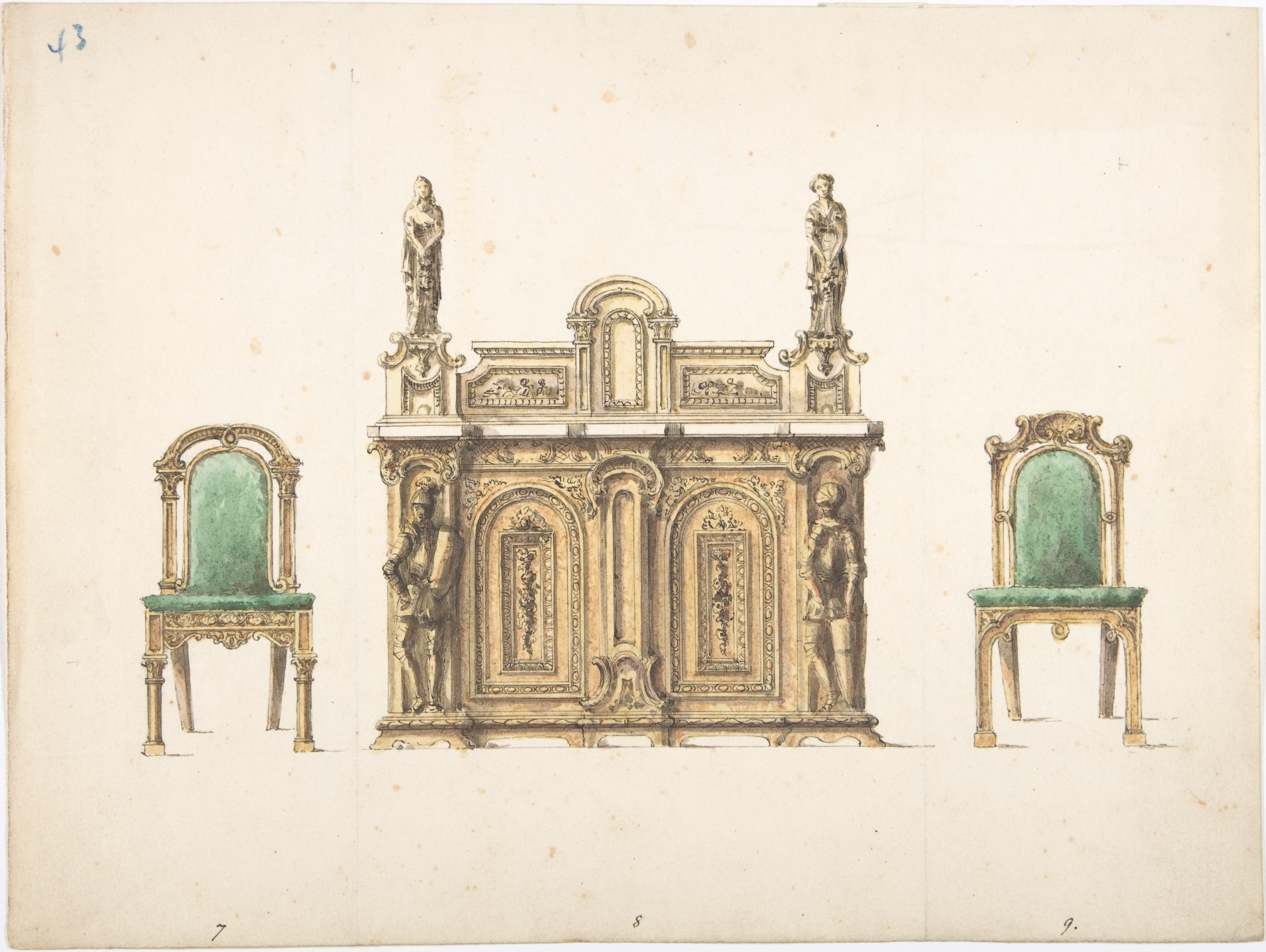 Anonymous, British, 19th century, Design for Cabinet Ornamented with Carved Knights and Ladies, and Two Chairs