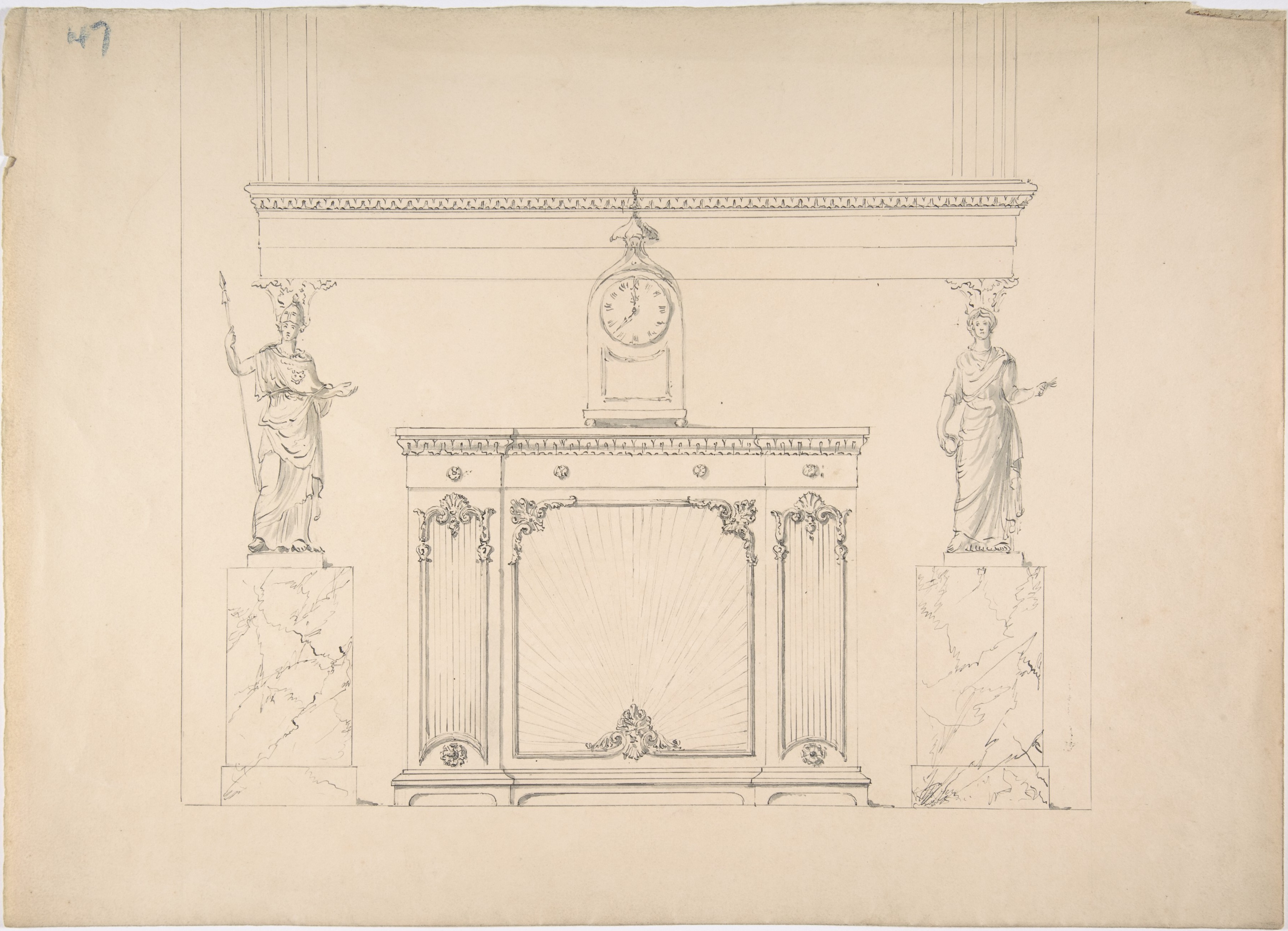 Anonymous, British, 19th century, Design for a Cabinet with Inset Fabric Panels, and Two Female Classical Statues on Marble Pedestals