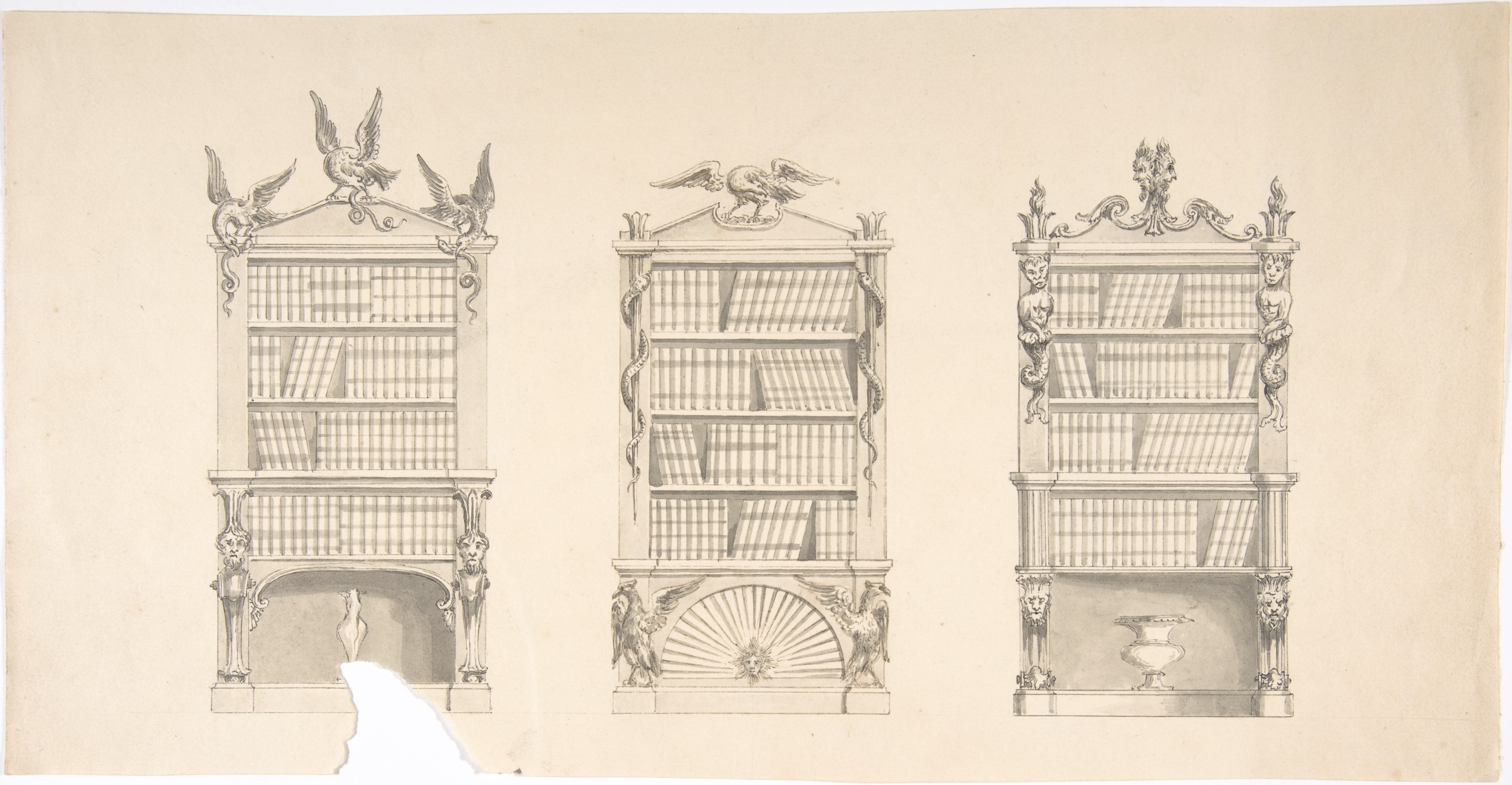 Anonymous, British, 19th century, Design for Three Bookcabinets Two Adorned with Eagles and Snakes, the other with Masks, Flames and Grotesques