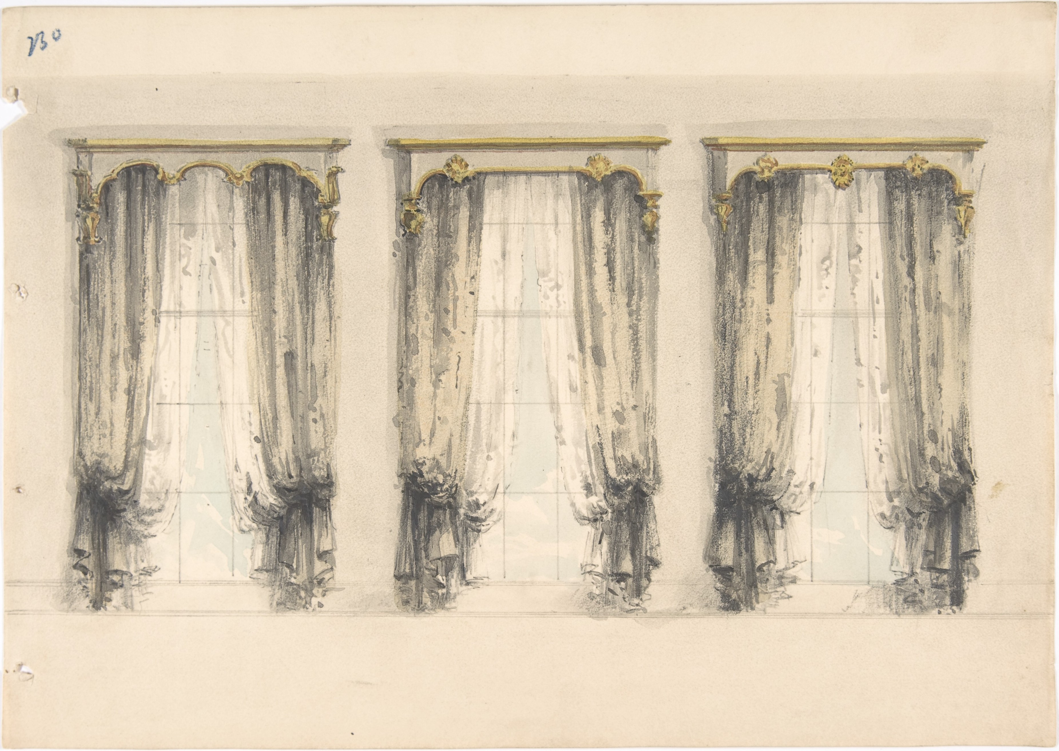 Design for Three Sets of Gray Curtains , with Gray and Gold Pediments