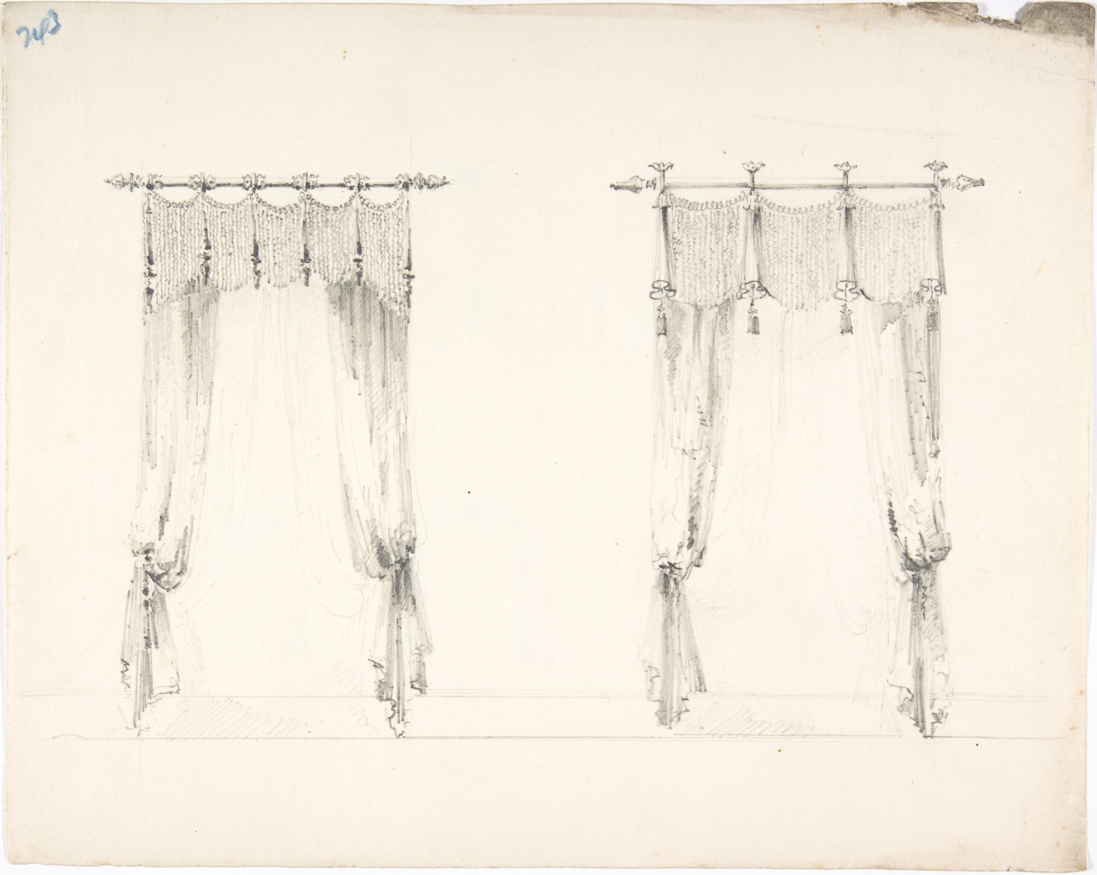 Anonymous, British, 19th century, Design for Two Fringed Curtains Handing from Rods (Verso: Sketches)