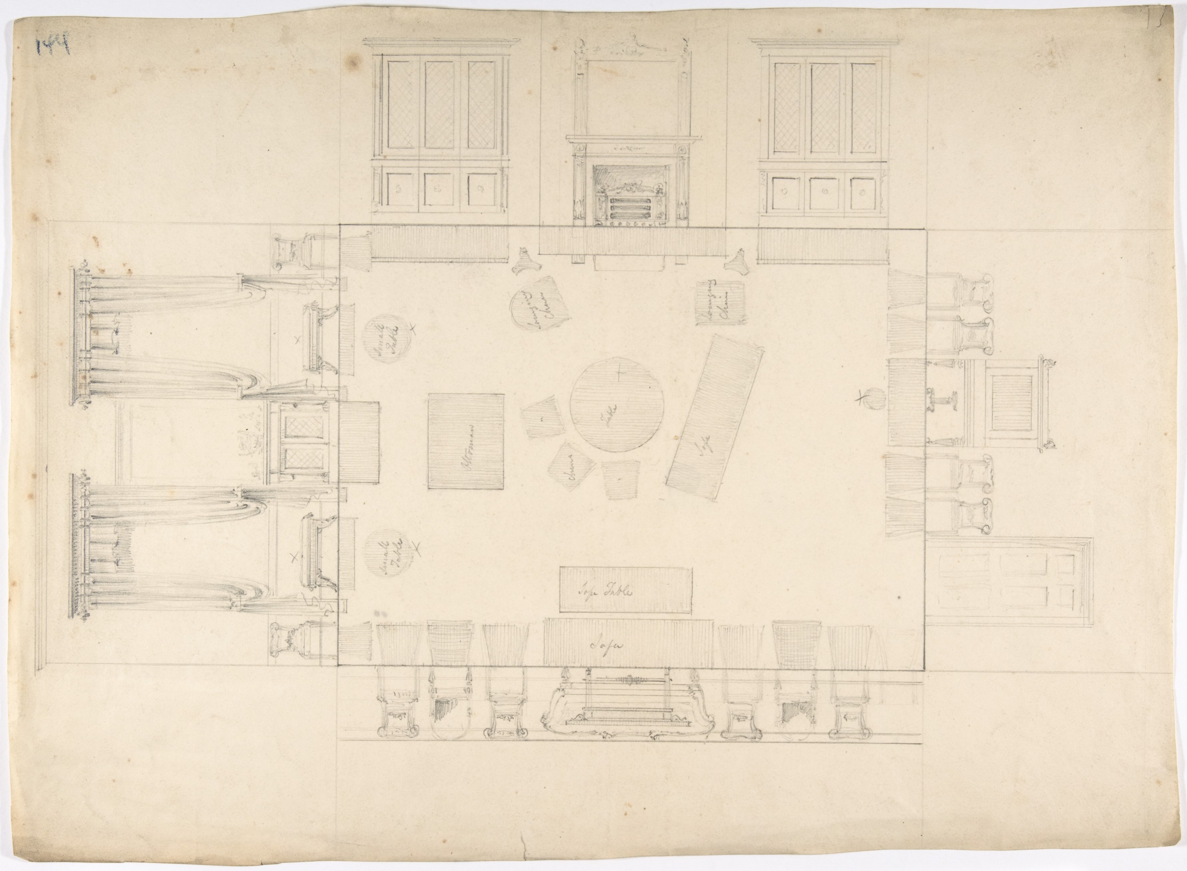 Anonymous, British, 19th century, Plan and Elevations of a Room