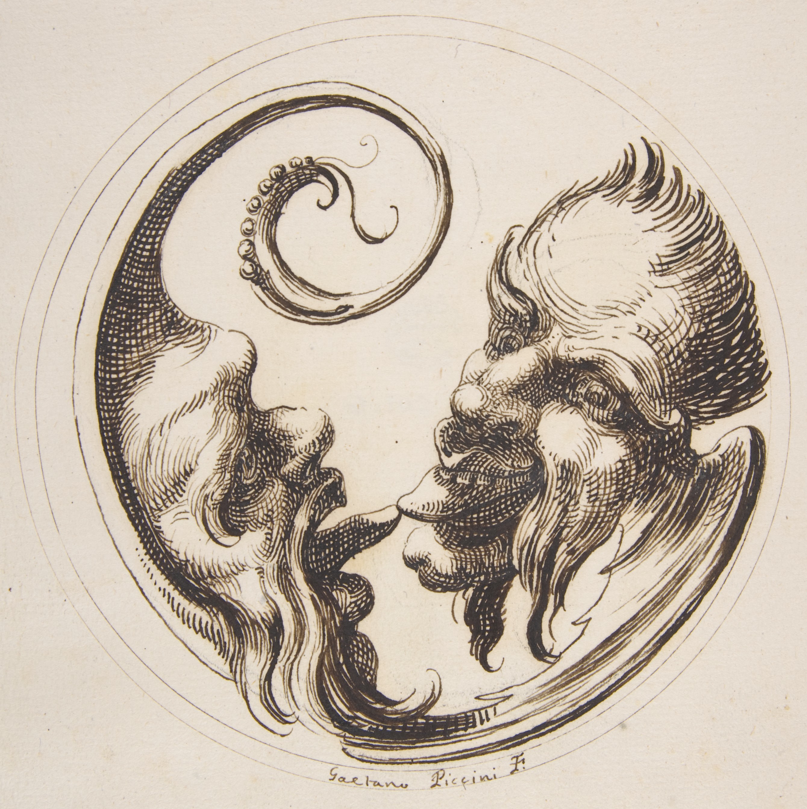 Gaetano Piccini Two Grotesque Heads Facing One Another And Touching Tongues Within A Circle The Metropolitan Museum Of Art