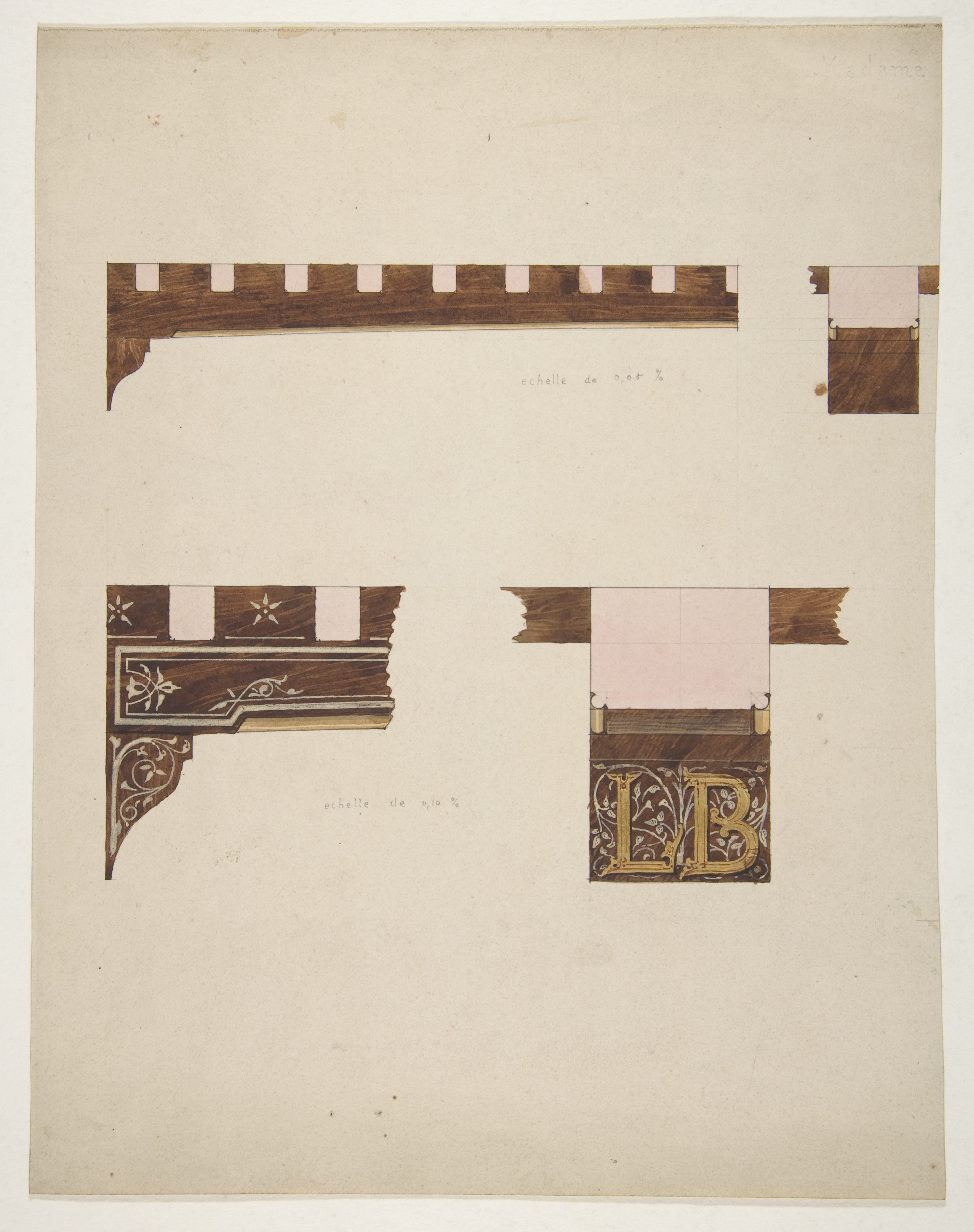 Jules-Edmond-Charles Lachaise, Designs for the painted decoration of ceiling timbers; one monogrammed: "LB"