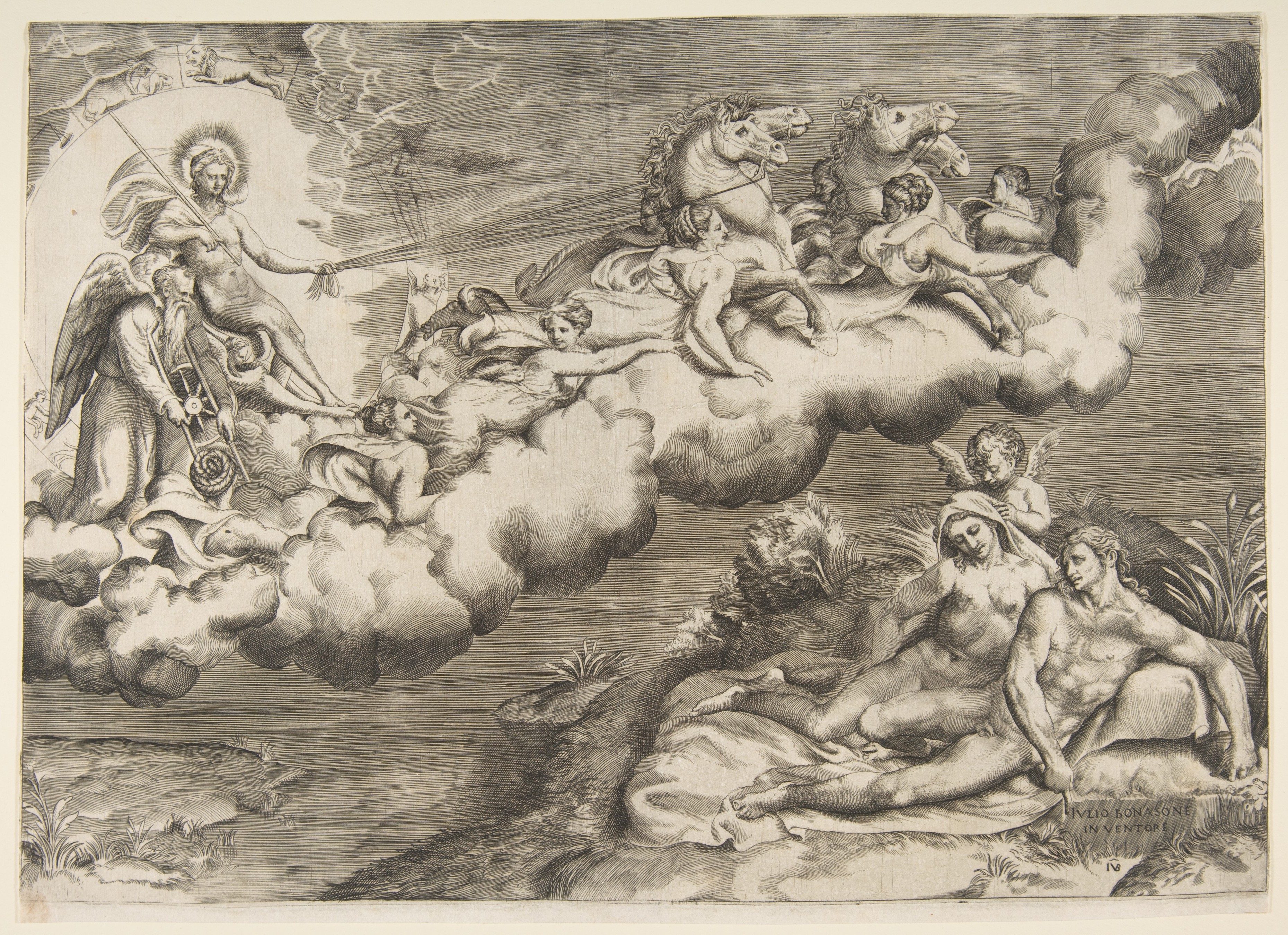 Giulio Bonasone | An allegory of the rising sun, a naked man wearing a  shroud and accompanied Father Time is being drawn by horses | The  Metropolitan Museum of Art