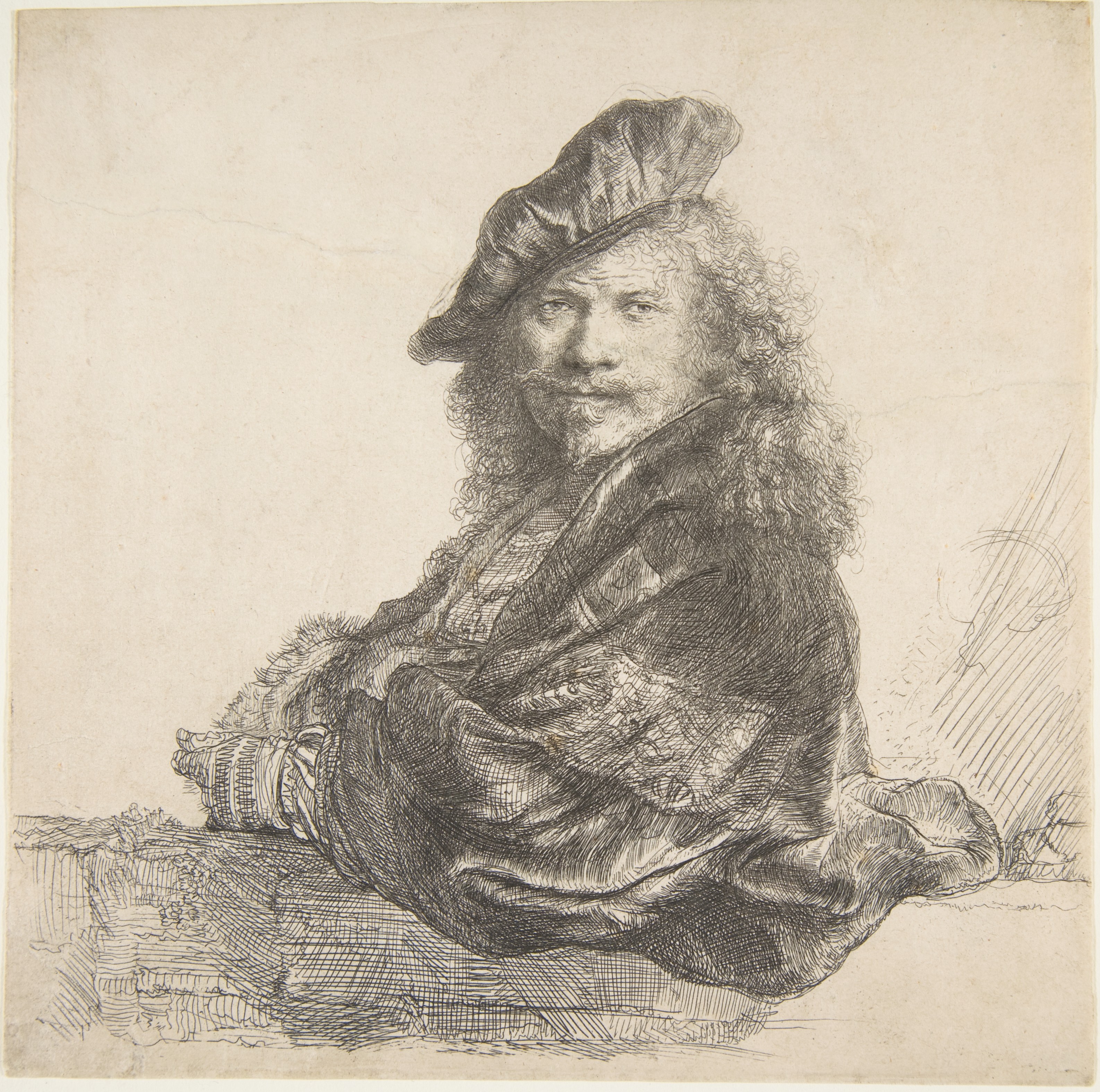 Rembrandt (Rembrandt van Rijn) SelfPortrait, Leaning on a Stone Wall