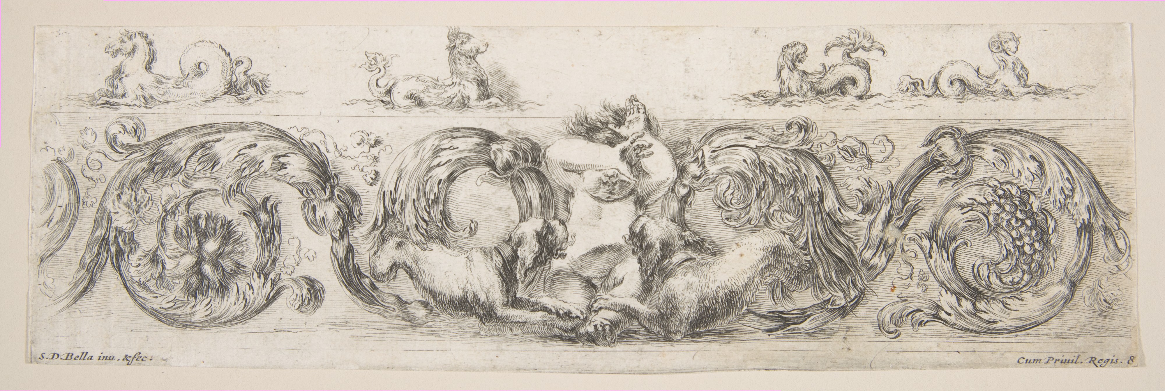 Rinceaux with Child Frightened by Dogs, plate 8 from "Decorative friezes and foliage" (Ornamenti di fregi e fogliami)
