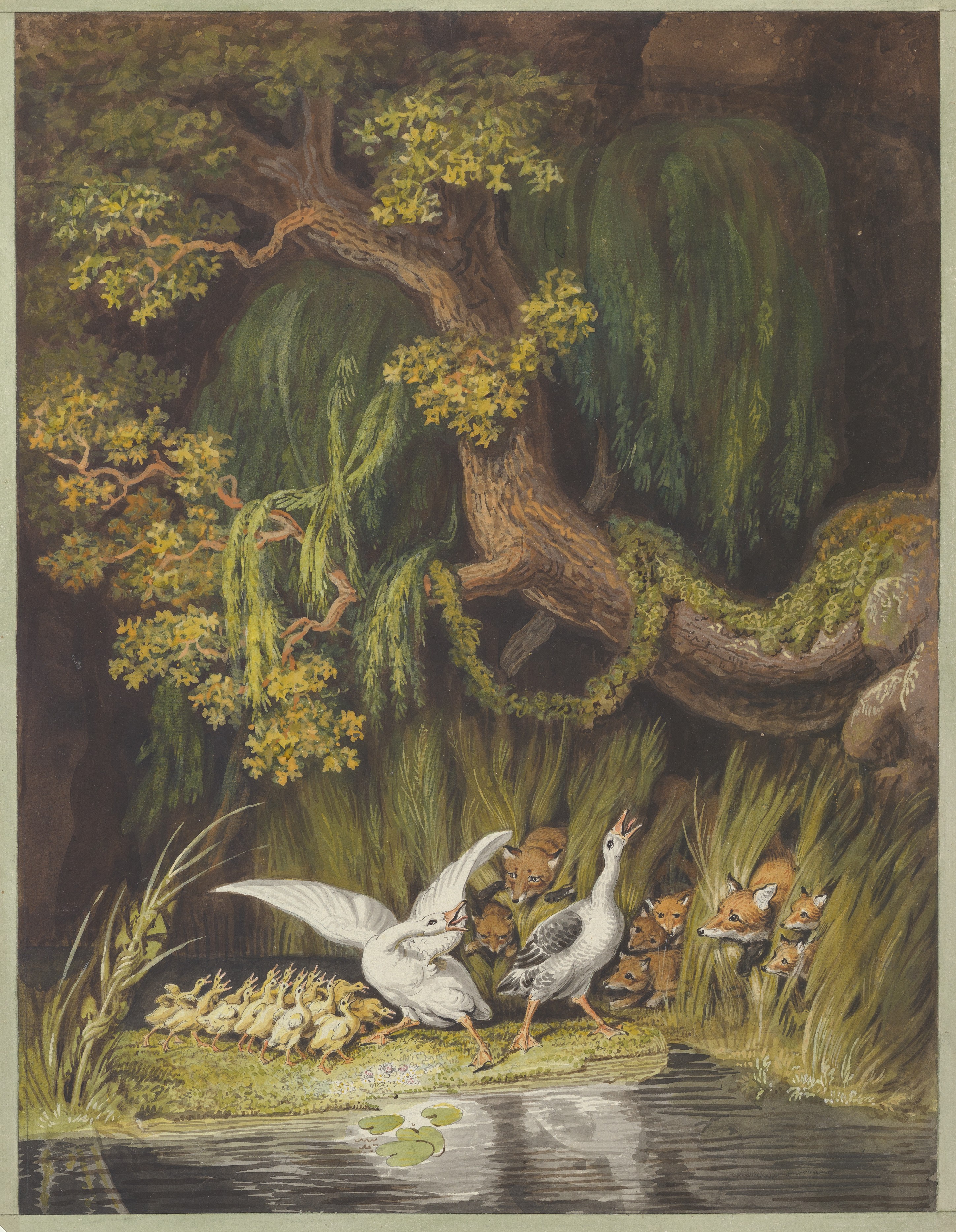 a A Gander Rushes Johann The from with Tischbein Goslings in Alarm Honking Wilhelm Emerge Metropolitan | Art their Goose | the Heinrich as Two their Foxes with of Cubs and Museum
