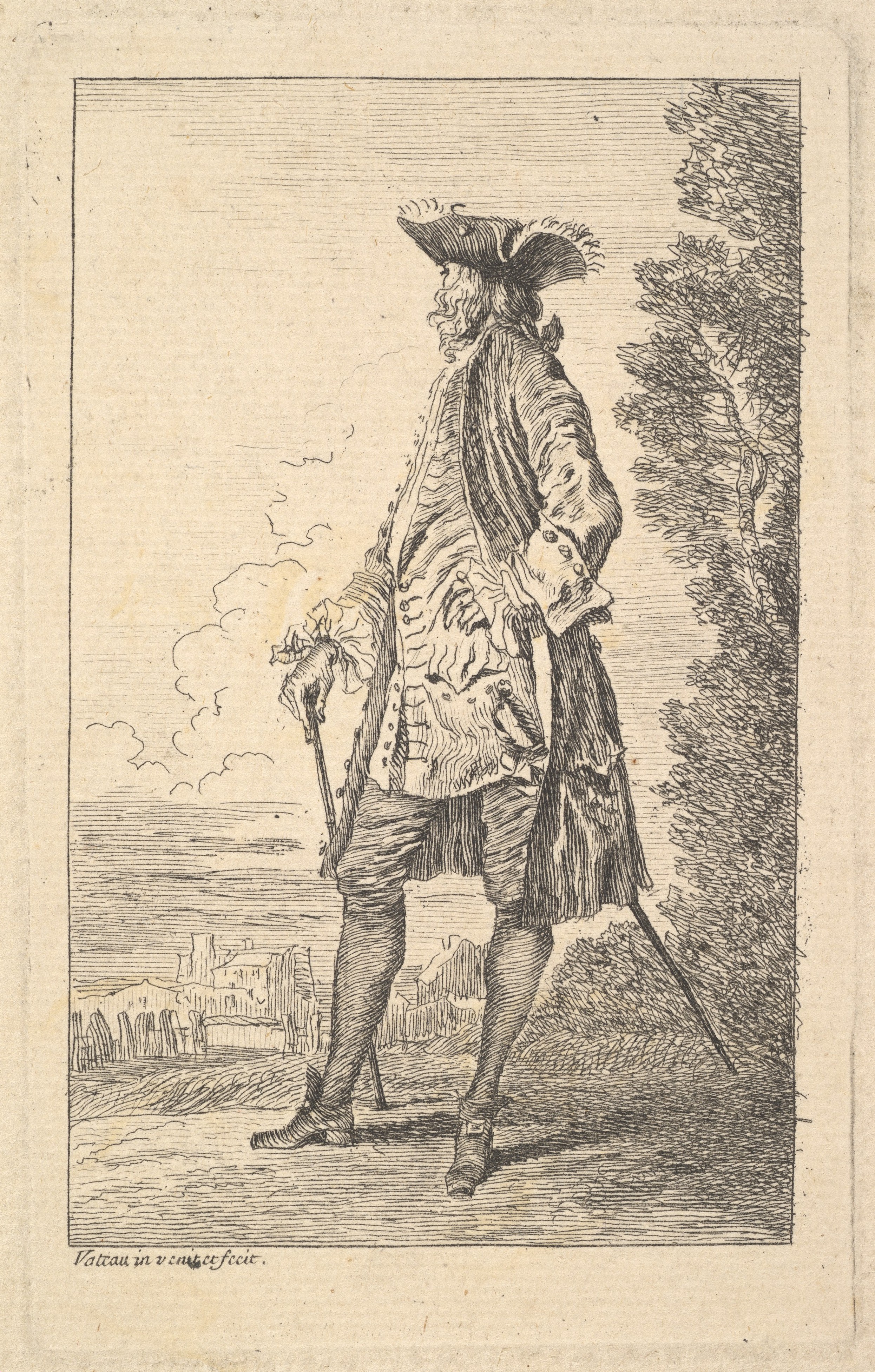 Antoine Watteau | Man walking and carrying a cane in his right hand ...