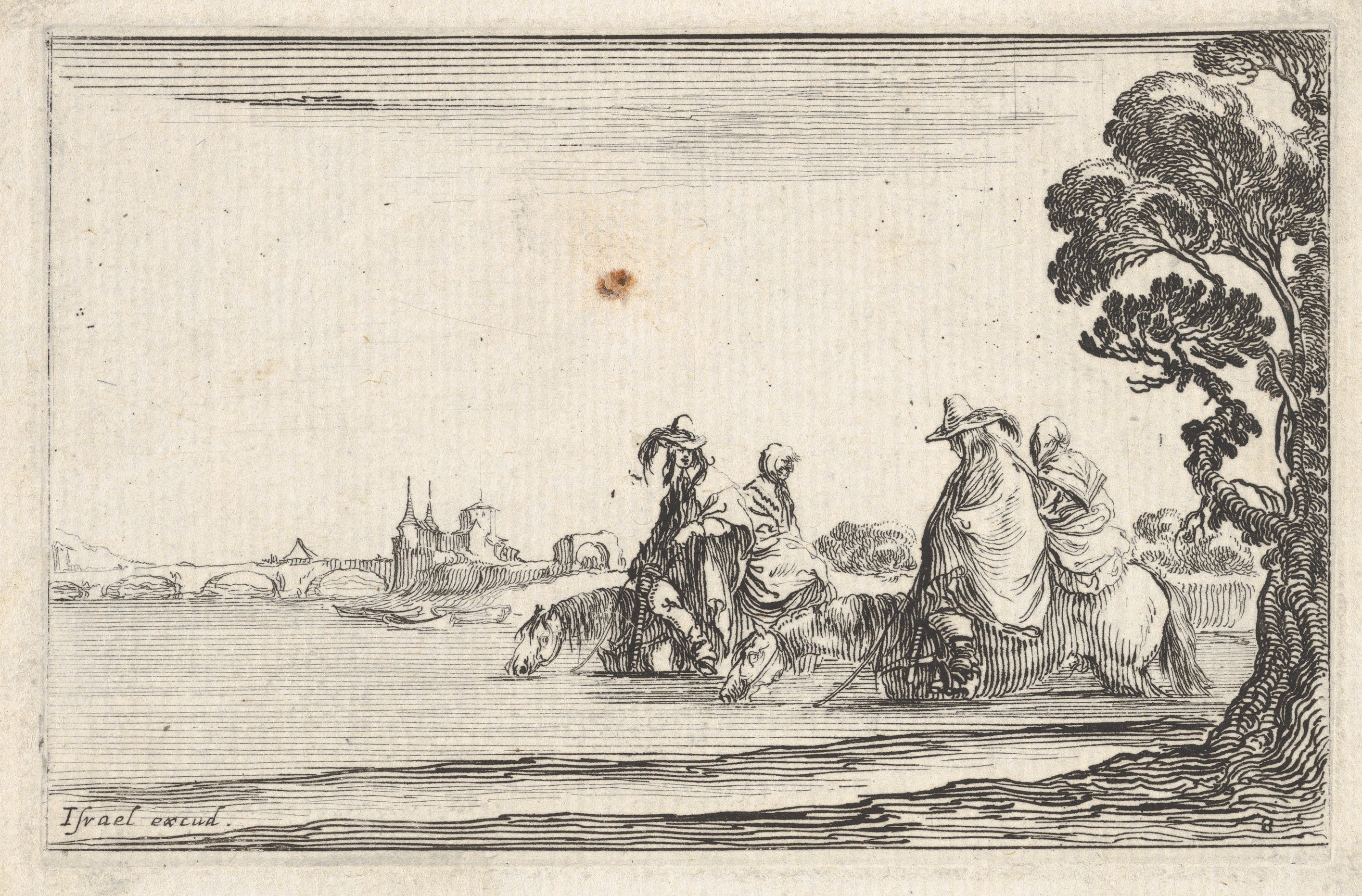 Stefano della Bella, Plate 8: Two horsemen in hats at right, each with a woman seated behind them, riding towards the left in profile across a river, a tree at far right, from "Caprice faict par de la Bella"