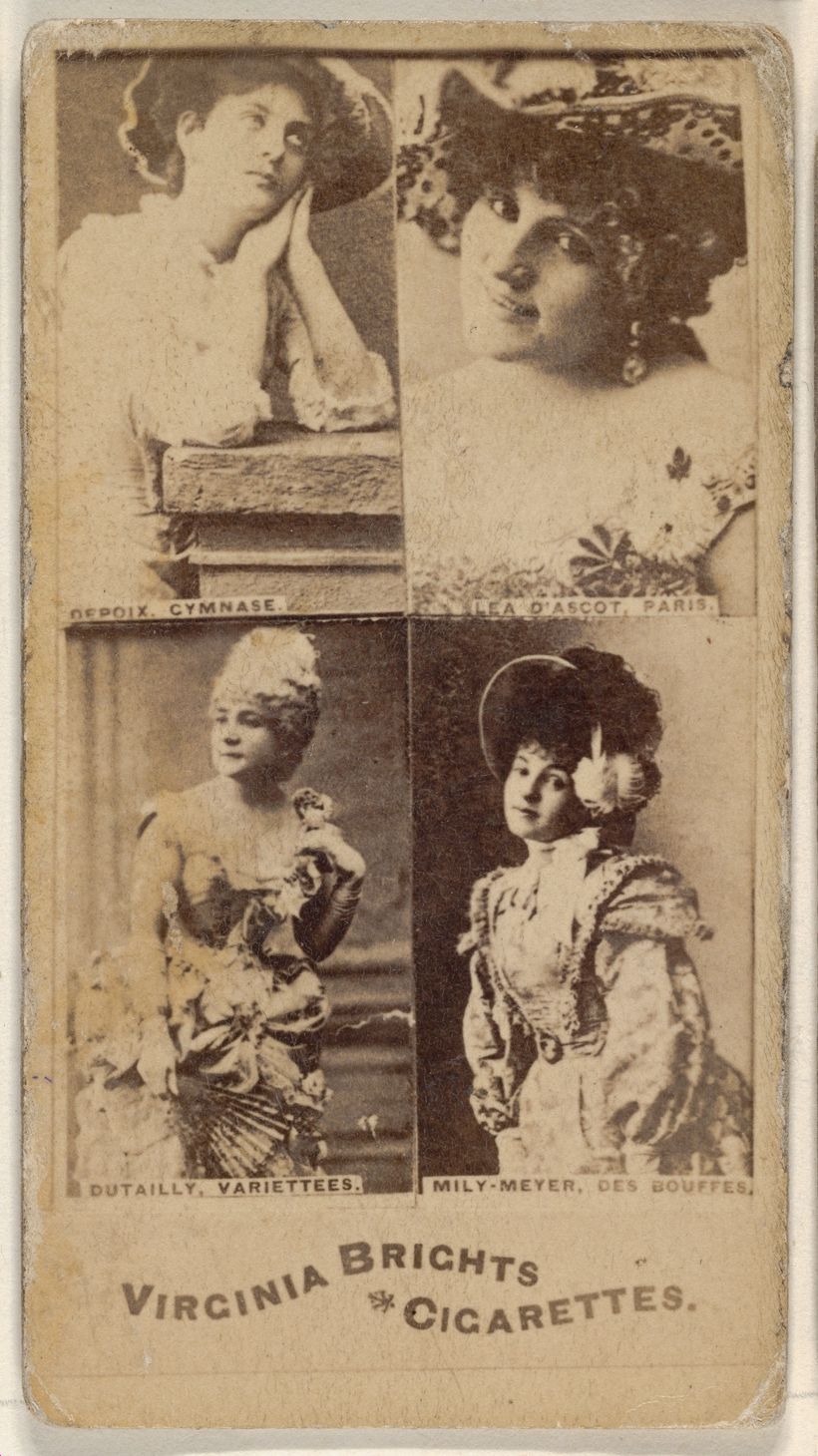 Allen & Ginter, Depoix, Gymnase/ Lea D' Ascot, Paris/ Dutailly, Variettees/ Mily-Meyer, Des Bouffes, from the Actors and Actresses series (N45, Type 4) for Virginia Brights Cigarettes