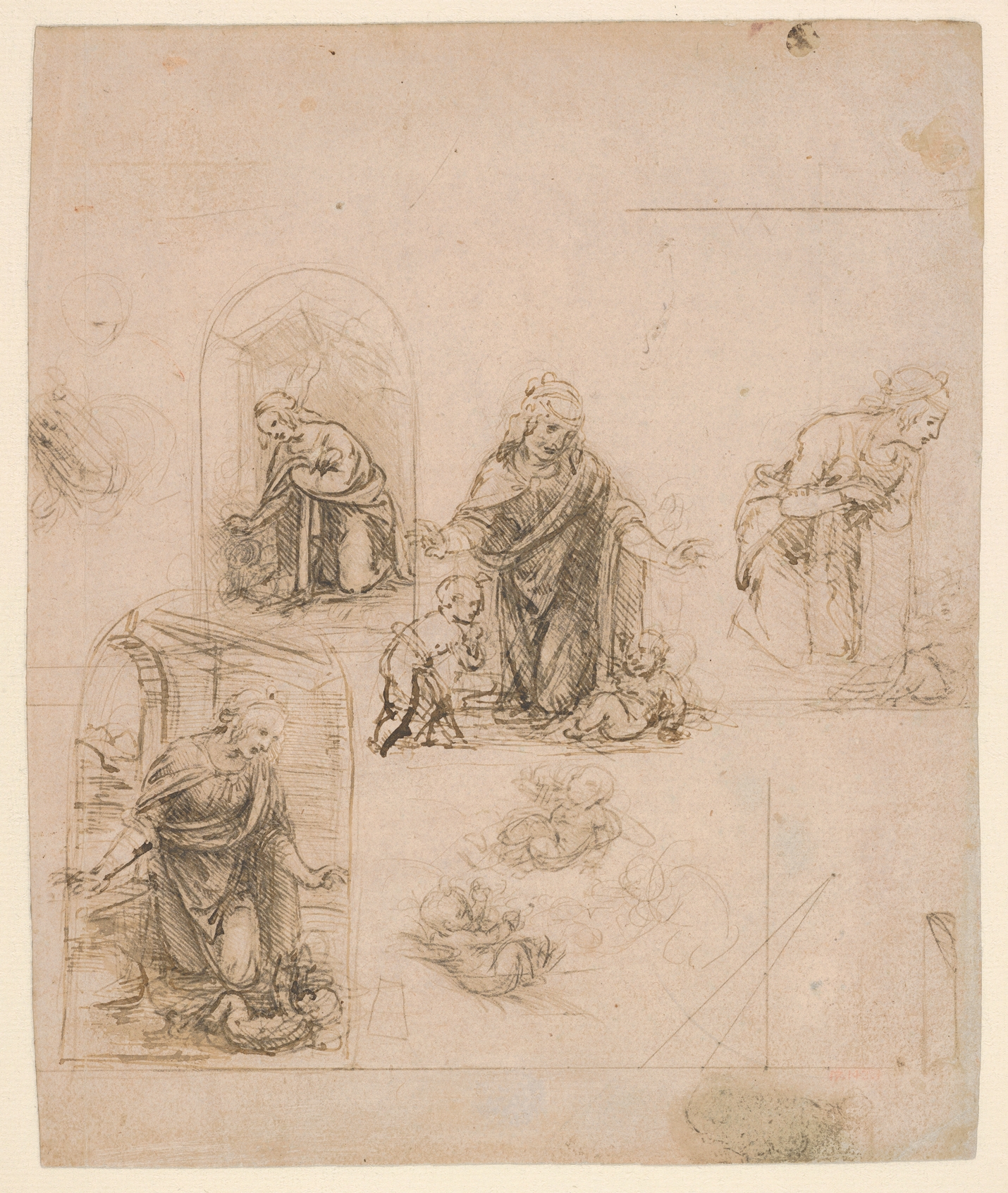Leonardo Da Vinci Compositional Sketches For The Virgin Adoring The Christ Child With And Without The Infant St John The Baptist Diagram Of A Perspectival Projection Recto Slight Doodles Verso