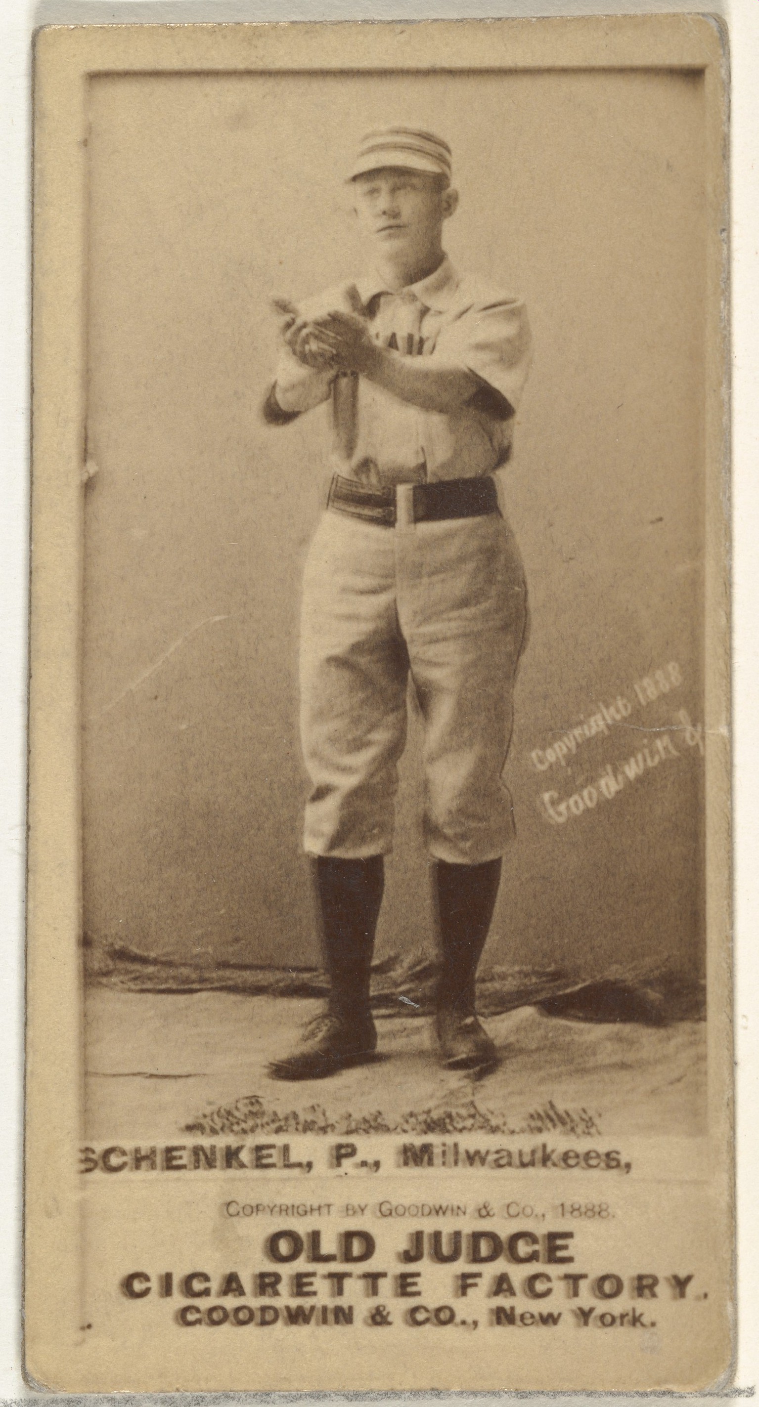 Goodwin & Company, William Shenkel, Pitcher, Milwaukee, from the Old Judge series (N172) for Old Judge Cigarettes