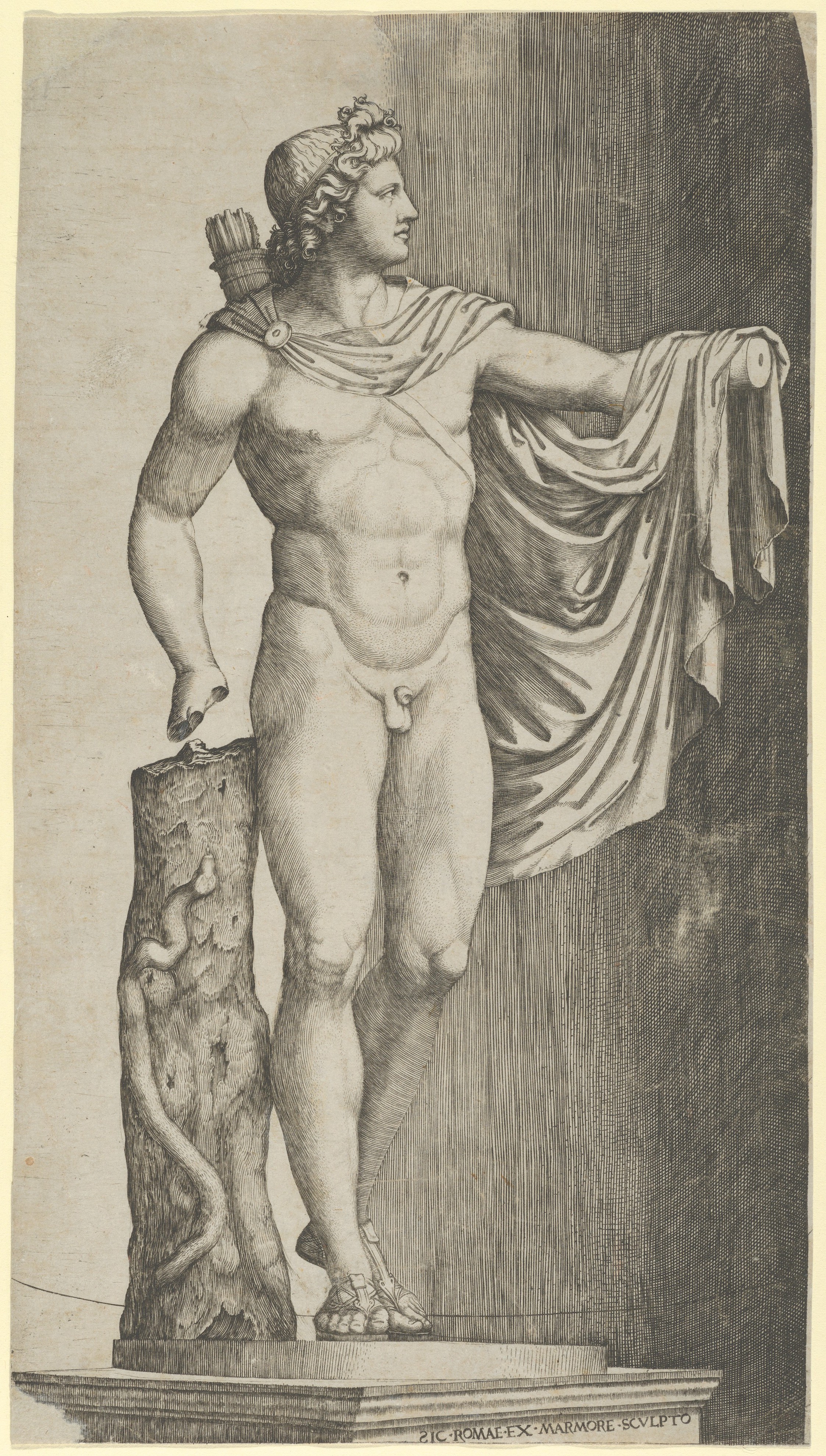 Early C16th engraving by Marcantonio Raimondi of the Vatican-owned circa C2nd marble copy of the bronze statue of Apollo attributed to the elusive Leochares, circa 330 BCE. So named the Apollo Belvedere as it lives in the Vatican's Cortile del Belvedere.