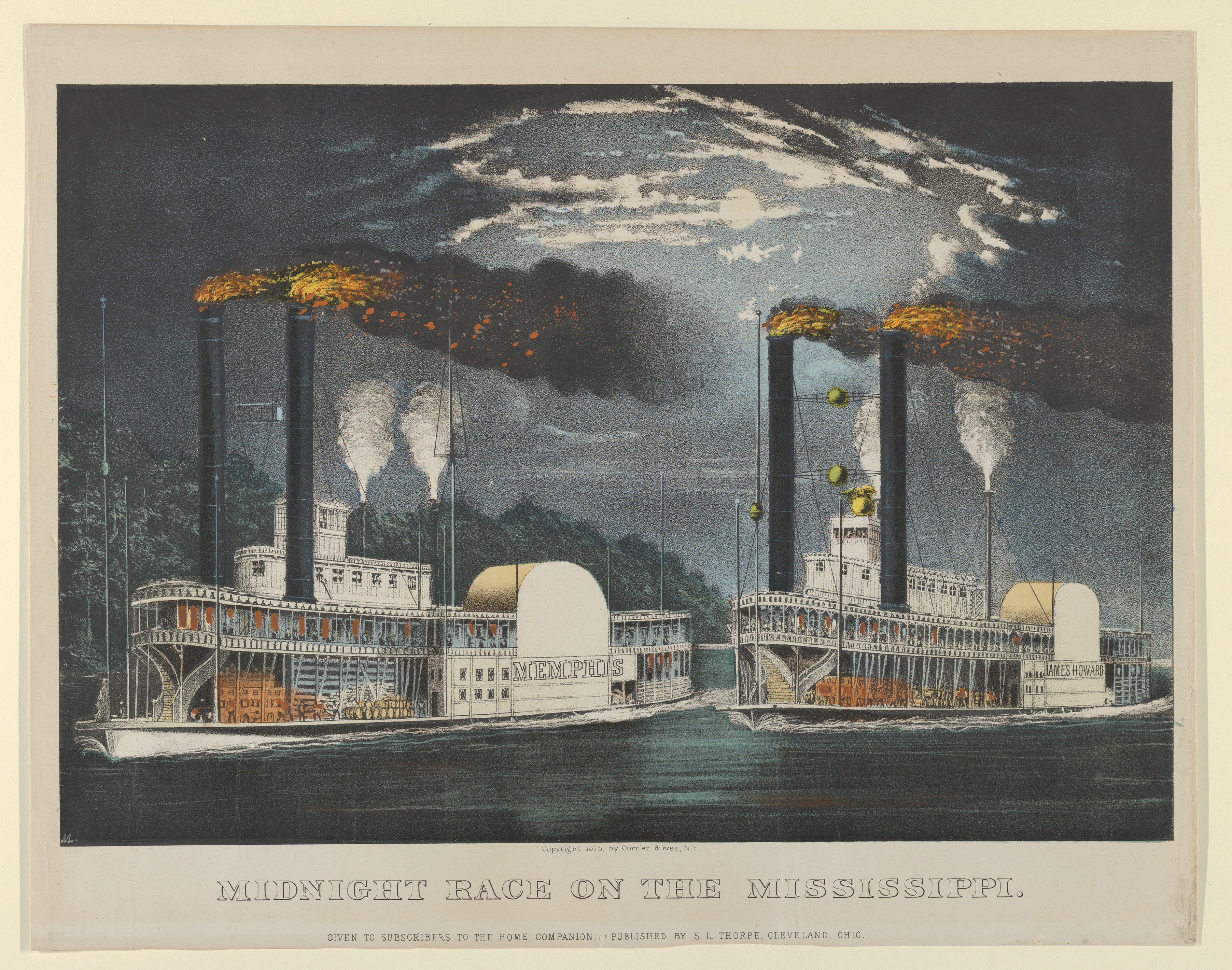 Lithographed and published by Currier \u0026 Ives | Midnight Race on the Mississippi | The ...
