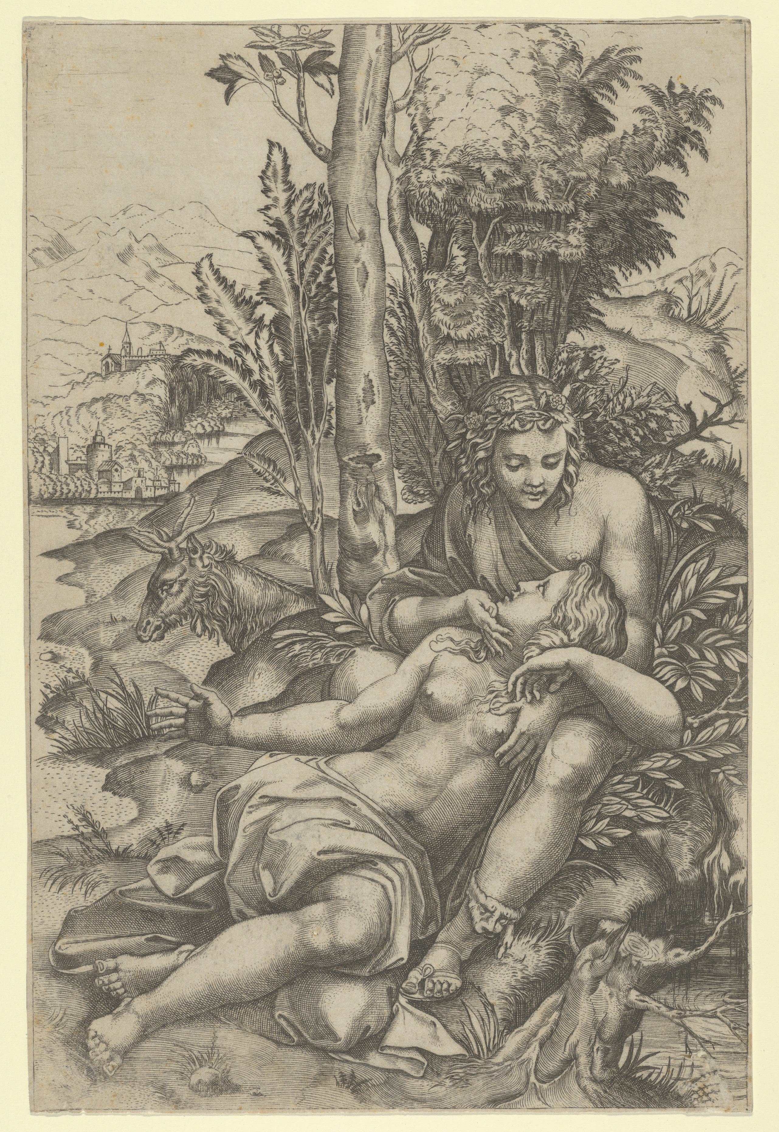 Marcantonio Raimondi, Medor and Angelica from Lodovico Ariosto's 'Orlando  Furioso' or Venus and Adonis embracing, set within a landscape