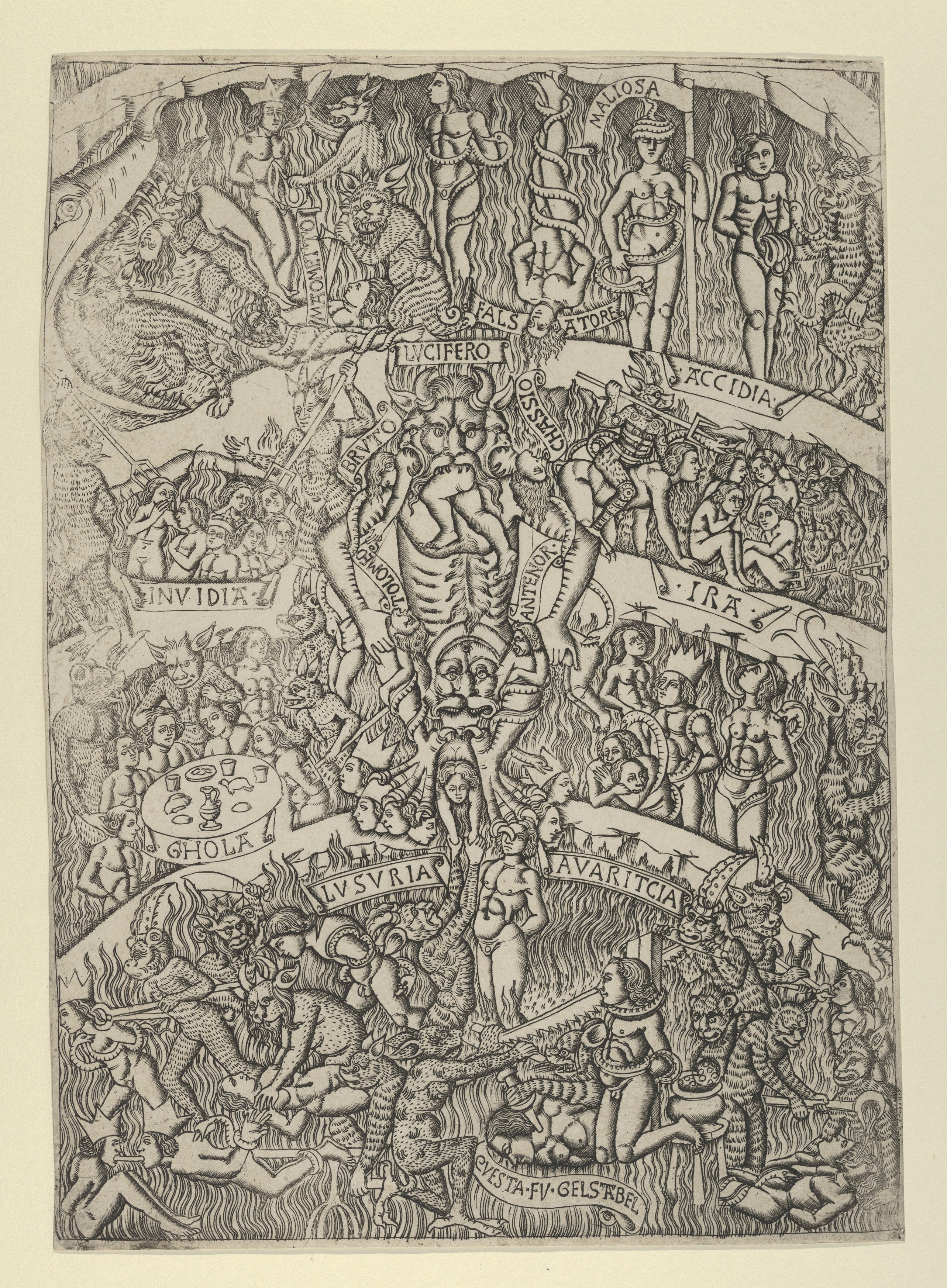 The Inferno according to Dante, after the Last Judgment fresco in the Campo Santo, Pisa, Anonymous, Italian, Florentine, 15th century, Engraving, a later re-strike (possibly 19th century)