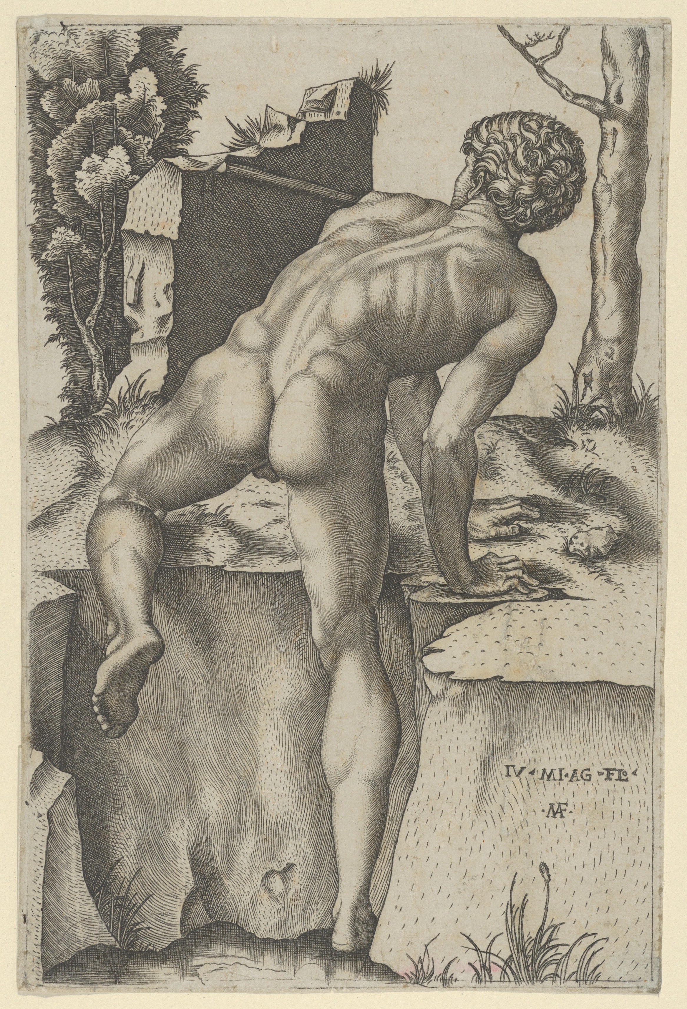 Marcantonio Raimondi | Naked man viewed from behind climbing a river bank,  after Michelangelo | The Metropolitan Museum of Art