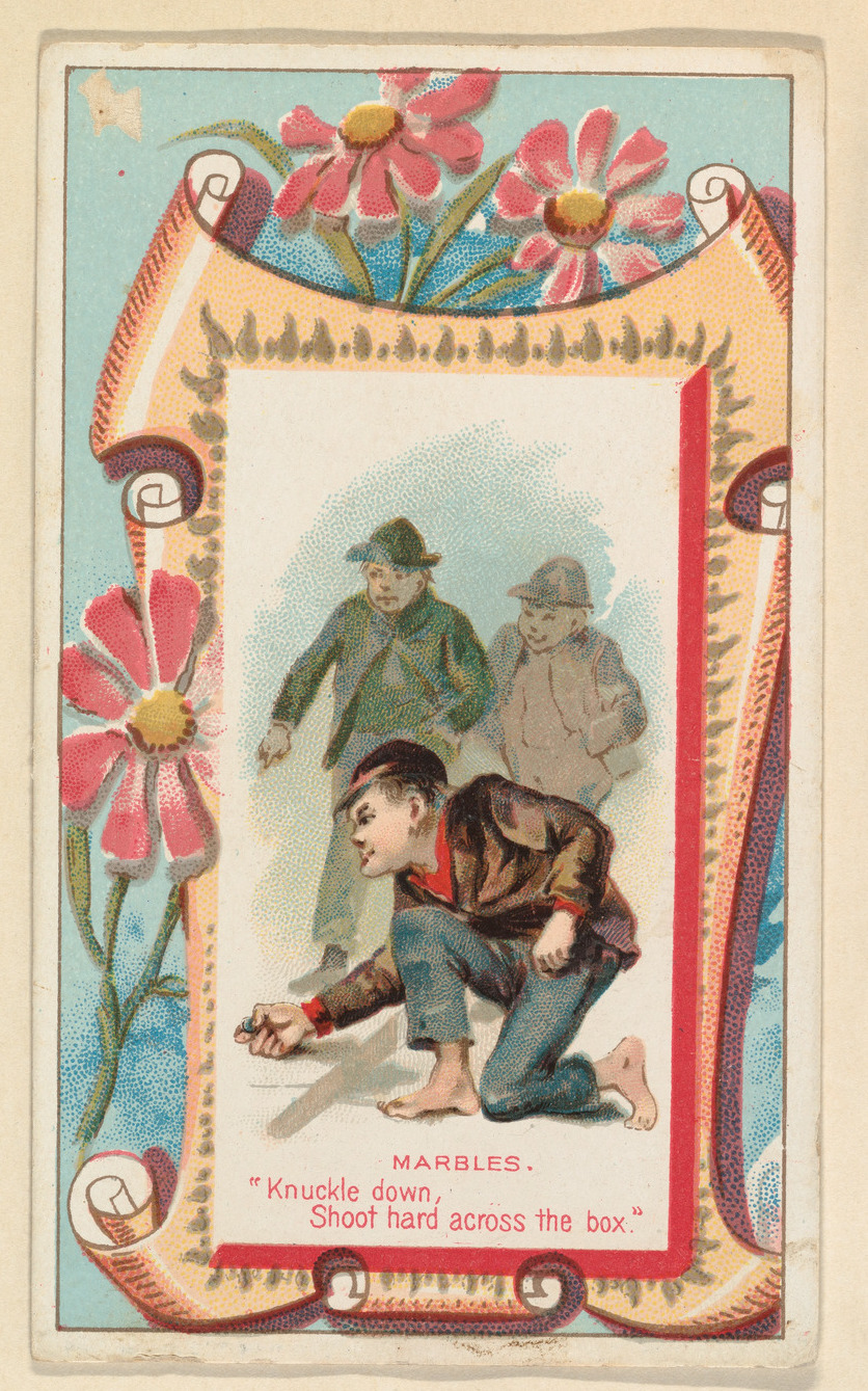 Marble, "Knock down, Shoot hard across the box," from the Terrors of America set (N136) issued by Duke Sons & Co. to promote Honest Long Cut Tobacco