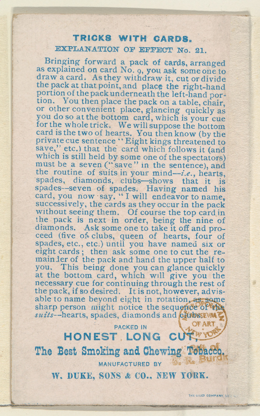 Issued by W. Duke, Sons \u0026 Co. | Number 5, The Restored Card, from the Tricks with Cards series ...