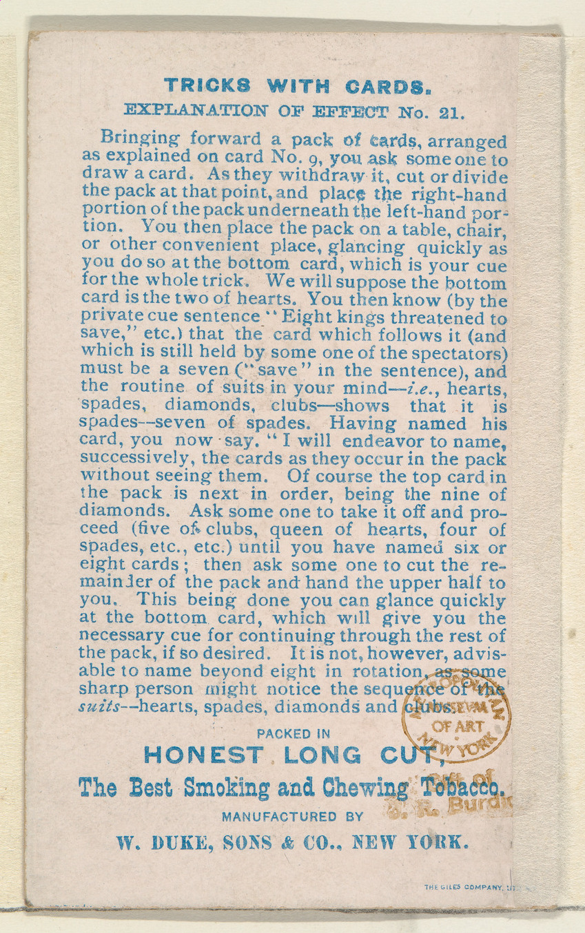 Issued by W. Duke, Sons & Co. | Number 5, The Restored Card, from the Tricks with Cards series ...