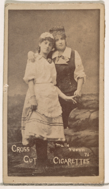 Card Number 76, Ida Mulle and Guenn (?), from the Actors and Actresses series (N145-1) issued by Duke Sons & Co. to promote Cross Cut Cigarettes