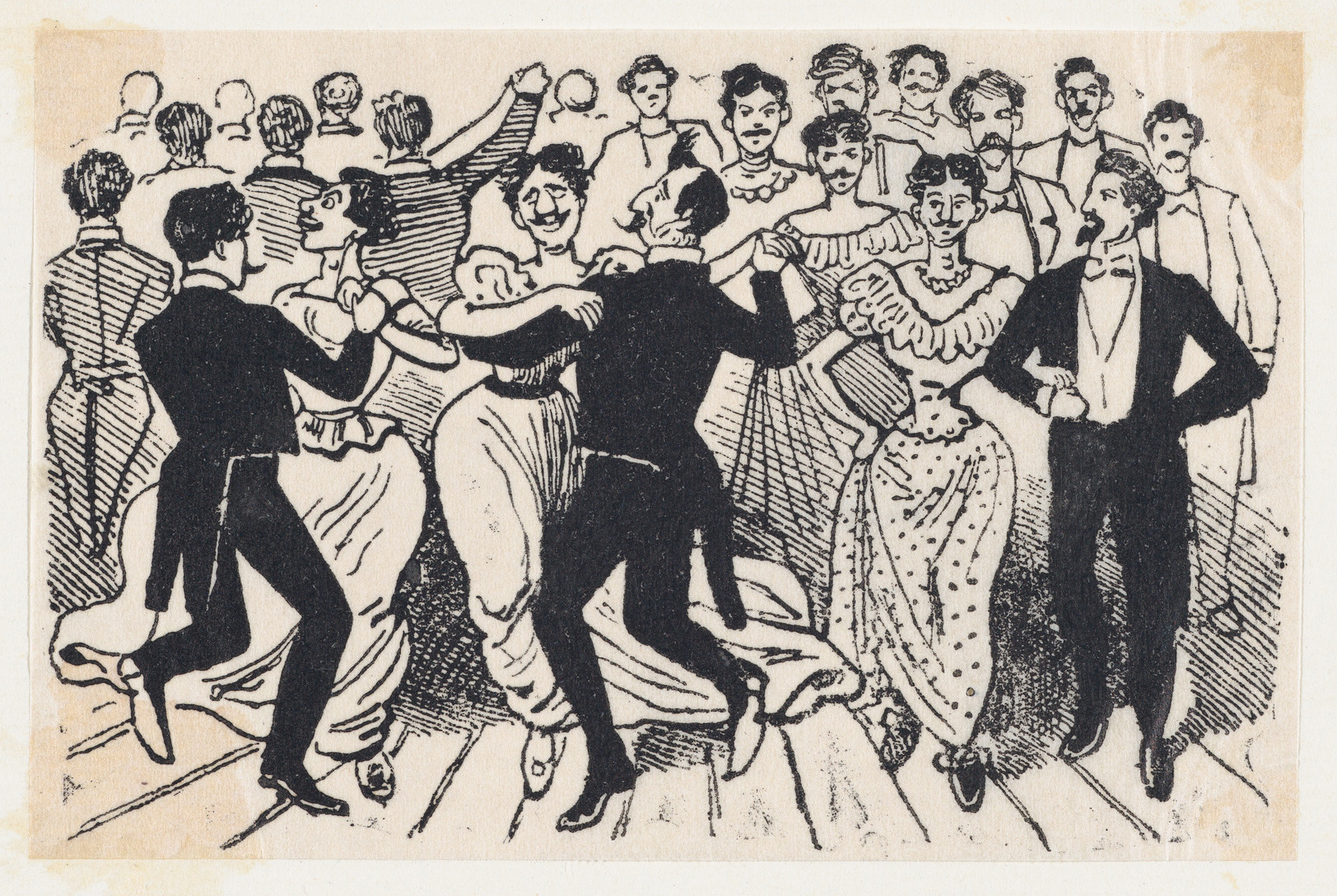 Un baile con hombres vestidos aparejados con hombres vestidos de traje de  un amplio lado titulado 'Los 41 maricones encontrastes en un baile de la  Calle de la Paz el 20 de Noviembre de 1901' 1901 José Guadalupe Posada Este  amplio lado representa