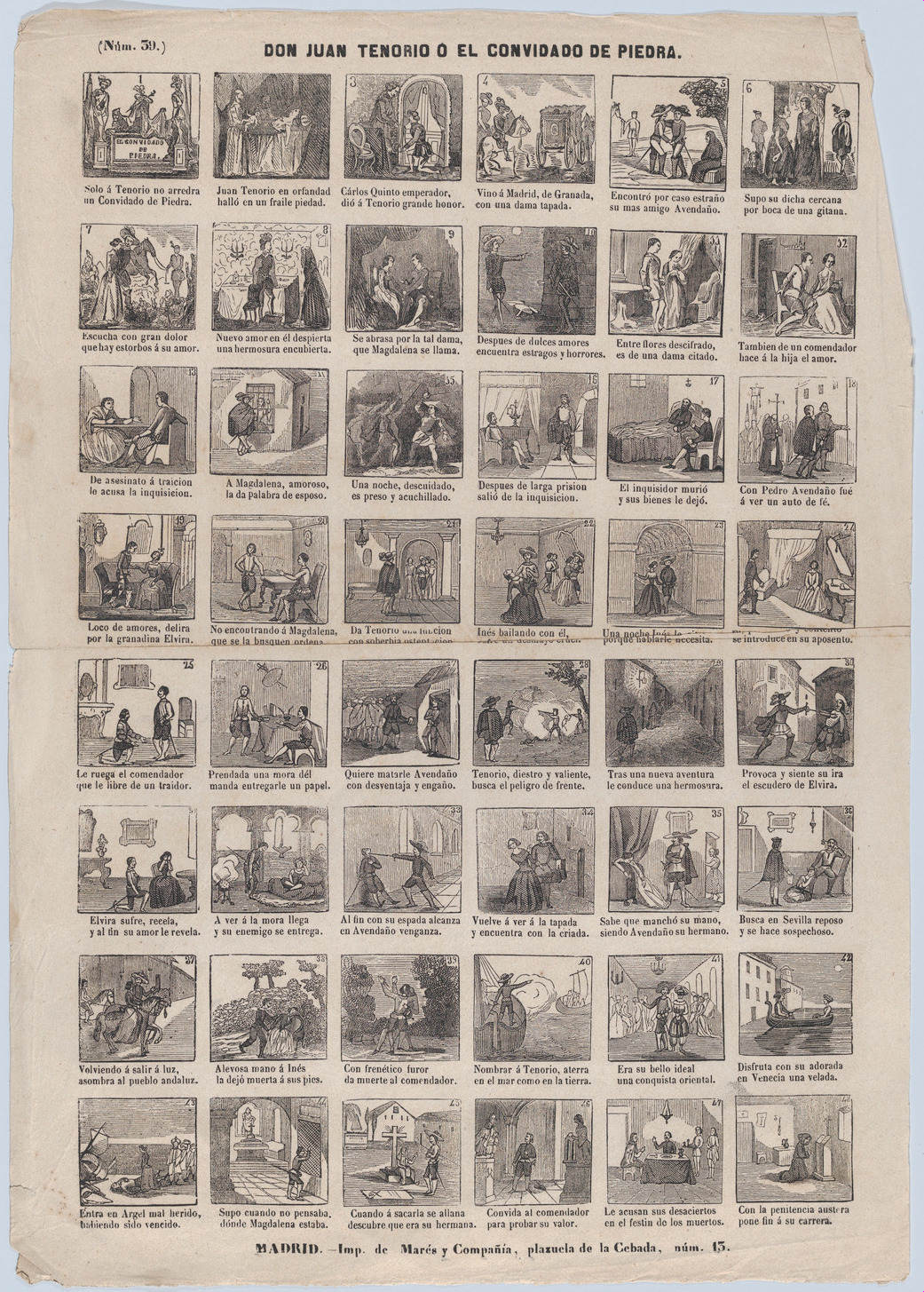 José María Marés | Broadside with 48 scenes relating to Don Juan ...