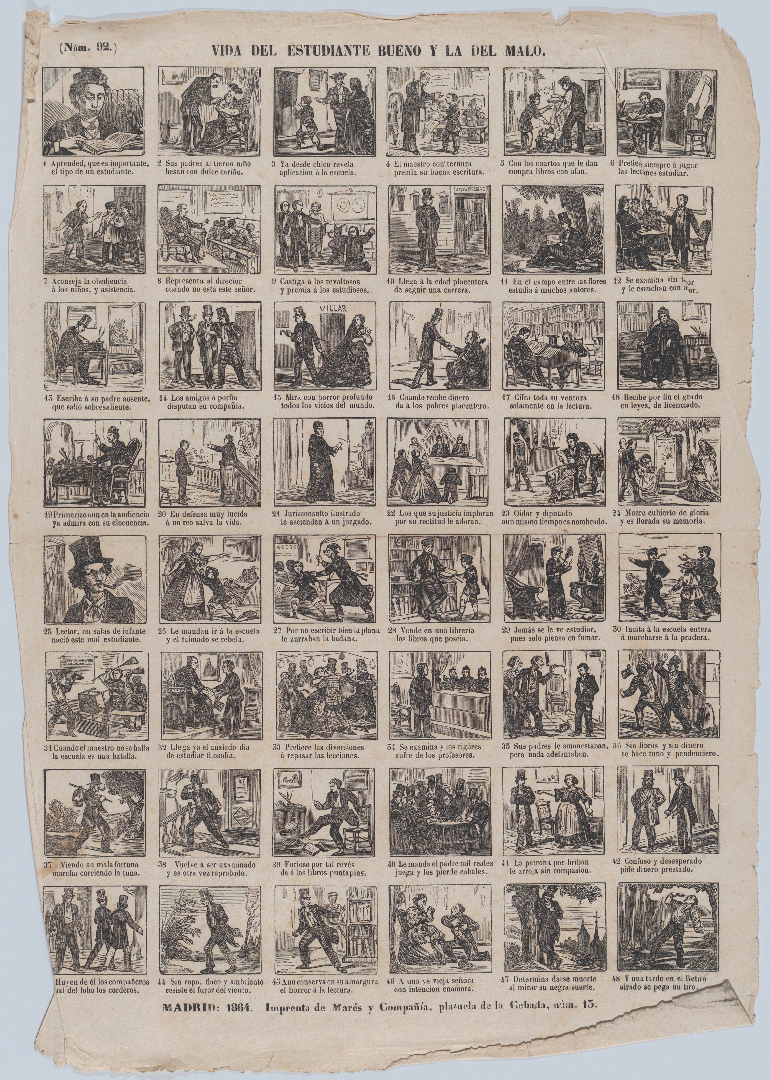 José María Marés | Broadside with 48 scenes relating to the lives of ...