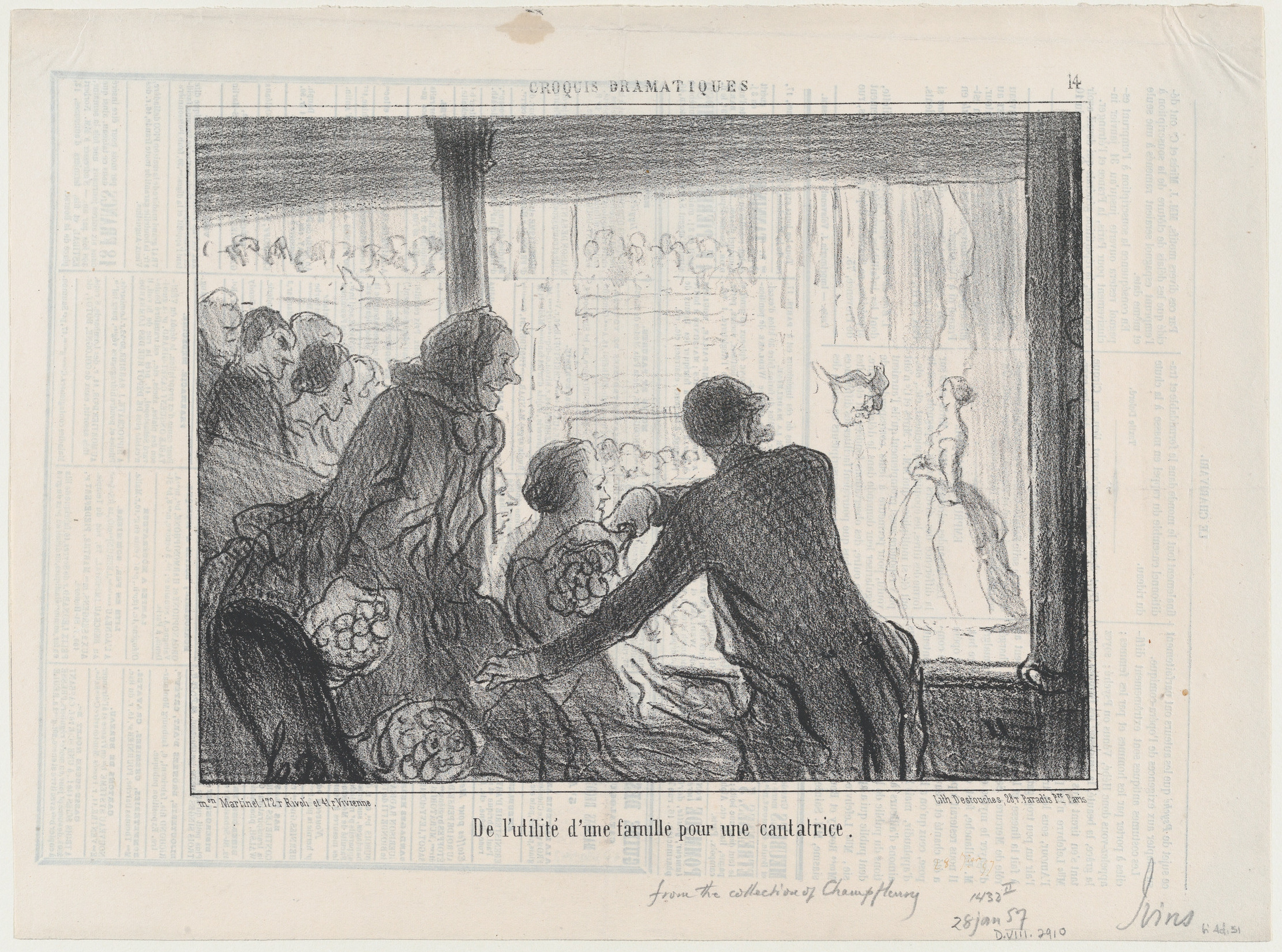 Honoré Daumier, De l'utilité d'une famille pour une cantatrice, from Croquis Parisiens, published in Le Charivari, January 28, 1857