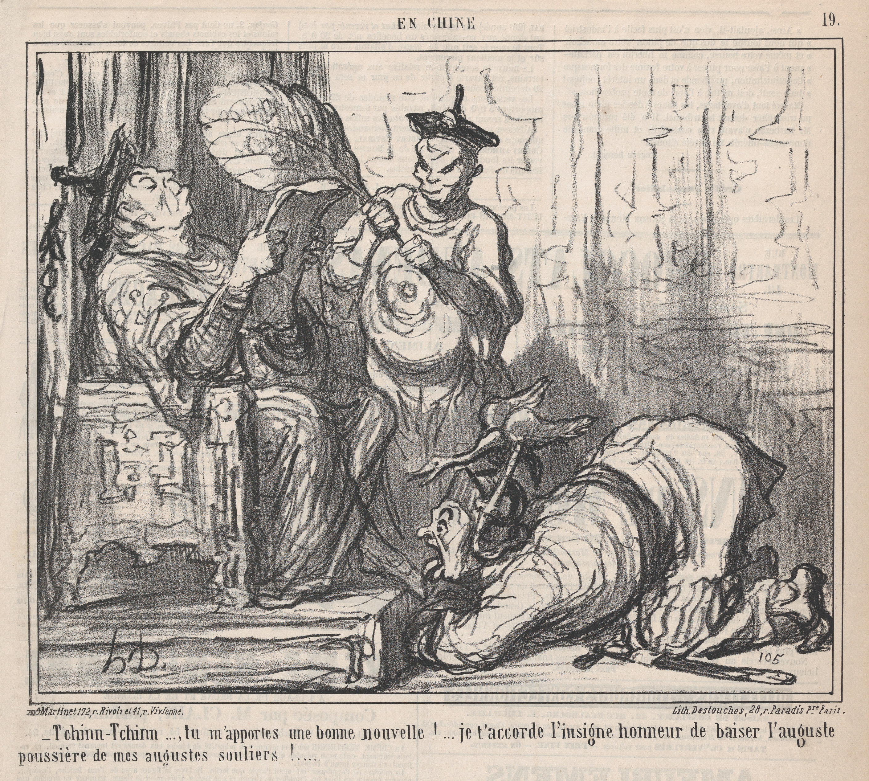 Honoré Daumier | Tchinn-Tchinn..., tu mapportes une bonne nouvelle! ....  je taccorde linsigne honeur de honneur de baiser lauguste poussière de  mes augustes souliers!...., from En Chine, published in Le Charivari,  December