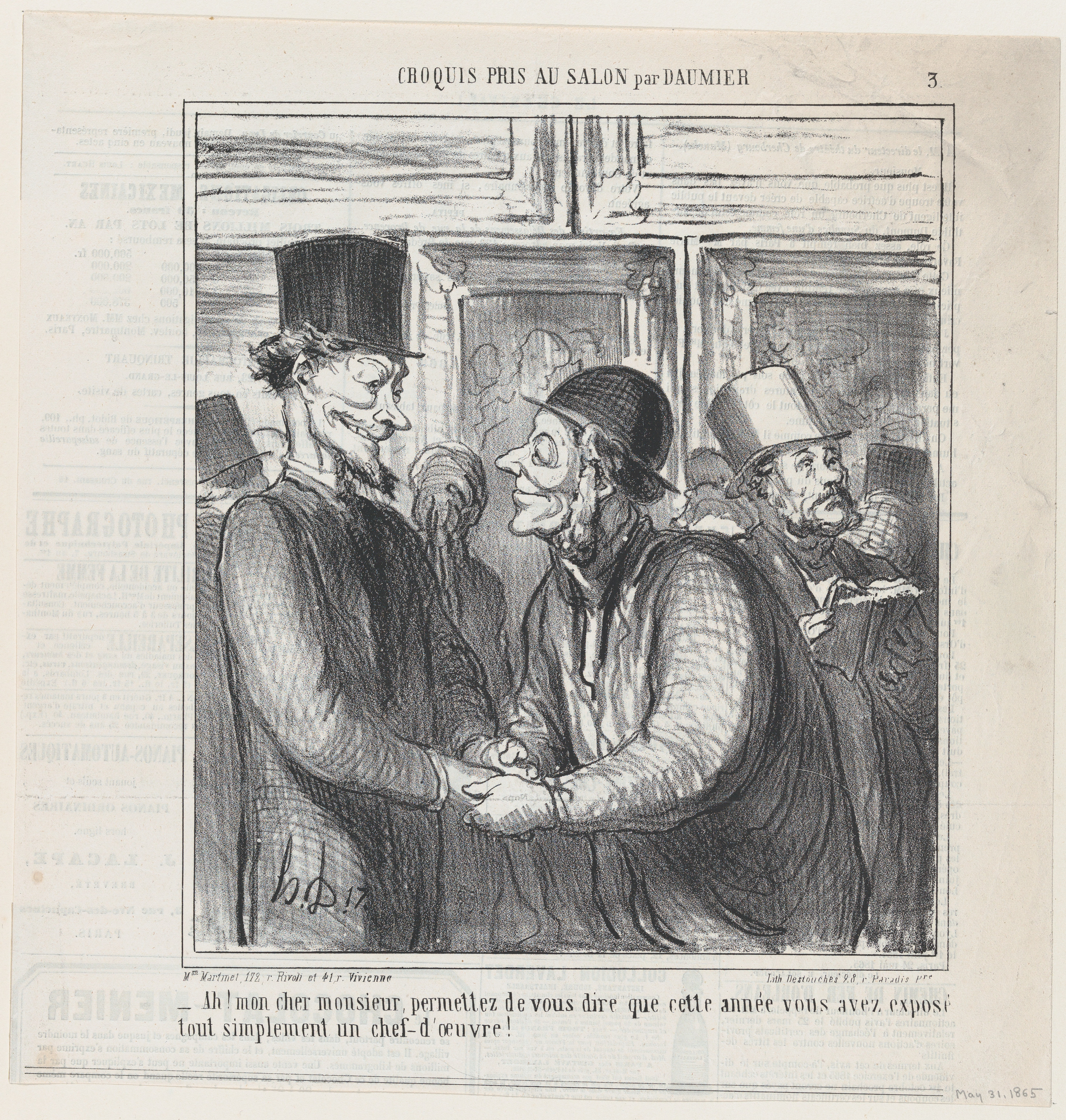 Honoré Daumier | Ah, my dear sir, allow me to tell you that this year you  have quite simply exhibited a masterpiece, from \'Sketches from the Salon,\'  published in Le Charivari, May