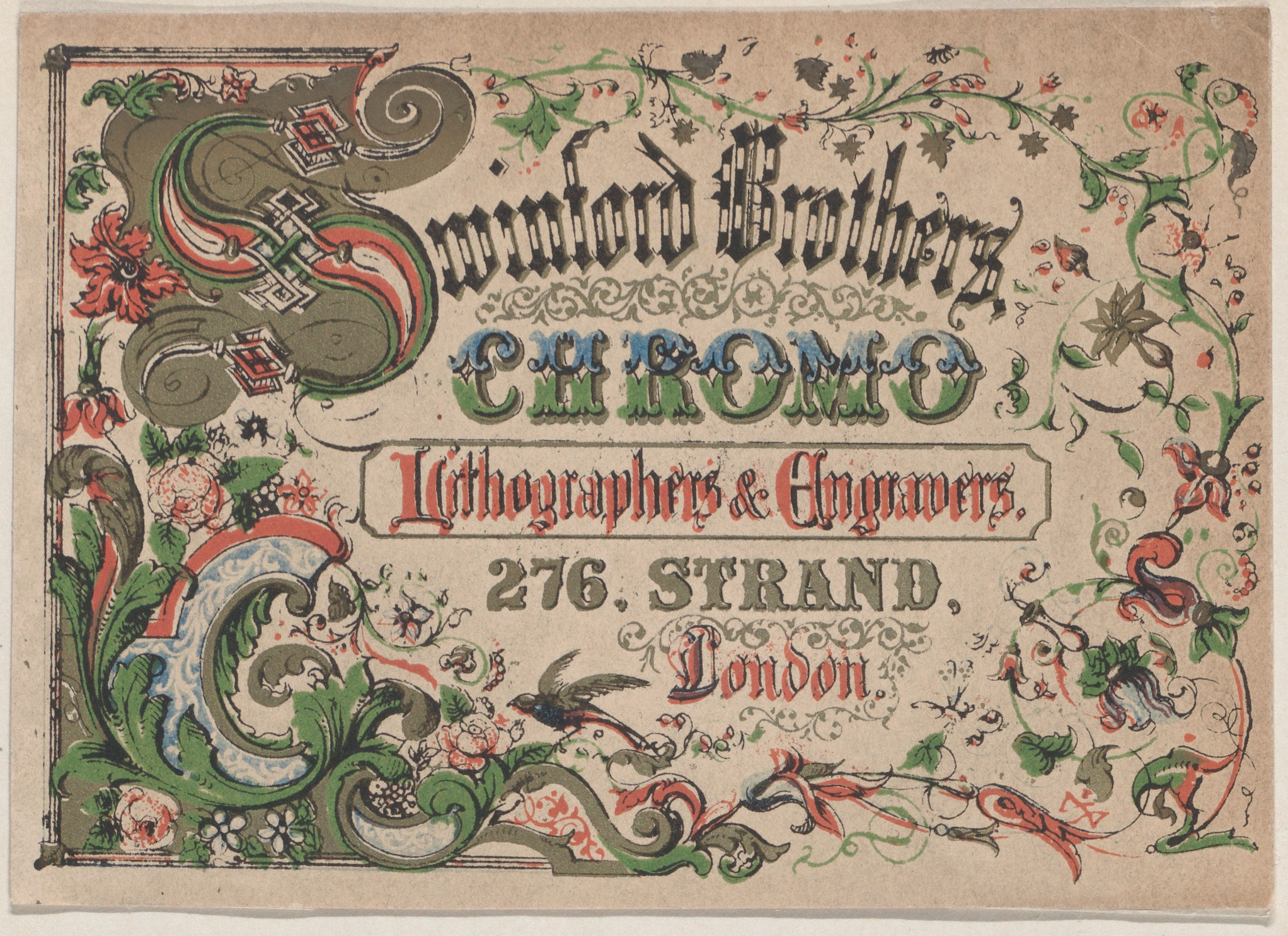 Anonymous, British, 19th century, Trade Card for Swinford Brothers, Chromo Lithographers & Engravers