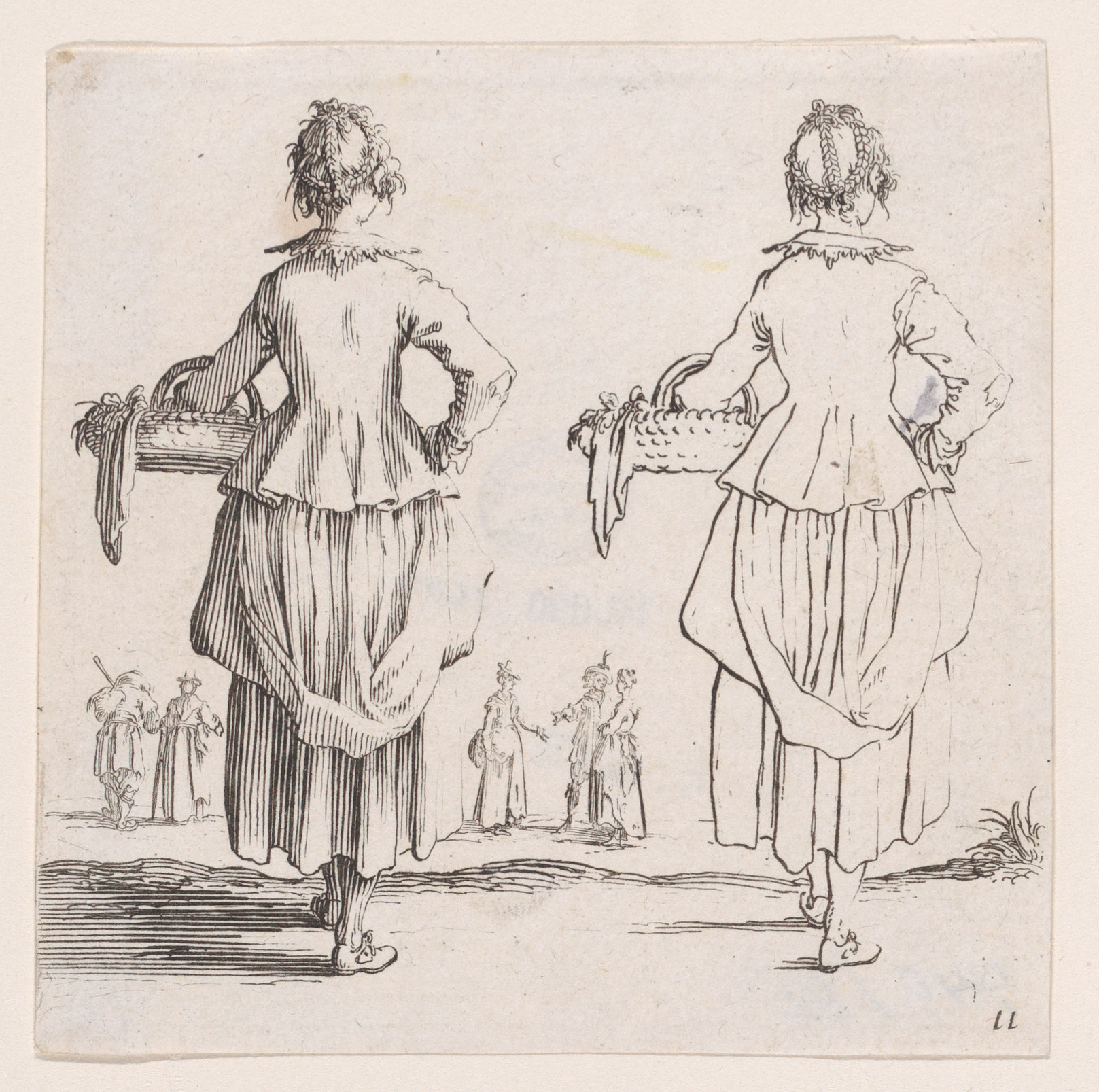 Jacques Callot, La Paysanne Vue de Dos, Tenant un Panier a son Bras Gauche (The Peasant Woman Viewed from Behind, Holding a Basket in his Left Arm), plate 11 from "Varie Figure" (Various Figures)