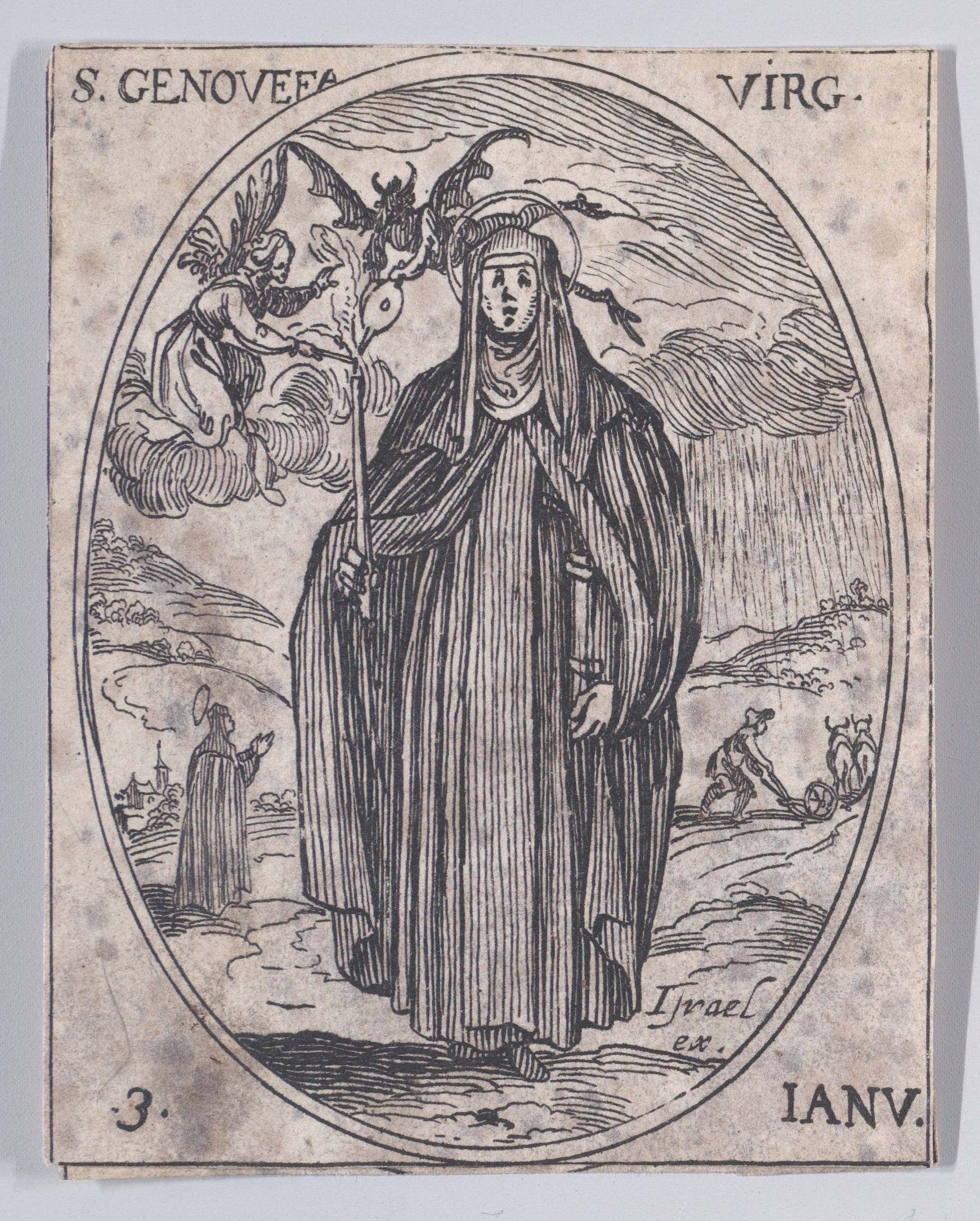 Ste. Geneviève, vierge (St. Genevieve, Virgin), January 3rd, from Les Images De Tous Les Saincts et Saintes de L'Année (Images of All of the Saints and Religious Events of the Year), Jacques Callot (French, Nancy 1592–1635 Nancy), Etching; second state of two (Lieure)