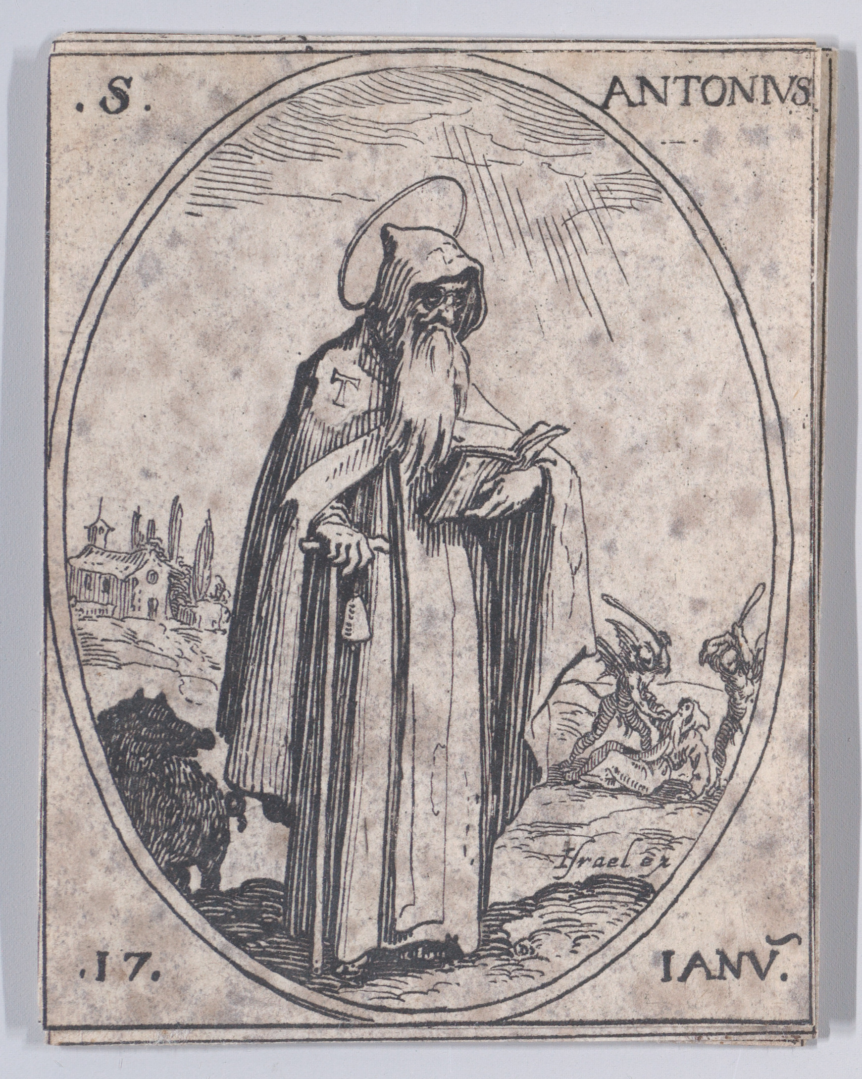S. Antoine (St. Anthony), January 17th, from Les Images De Tous Les Saincts et Saintes de L'Année (Images of All of the Saints and Religious Events of the Year), Jacques Callot (French, Nancy 1592–1635 Nancy), Etching; second state of two (Lieure)
