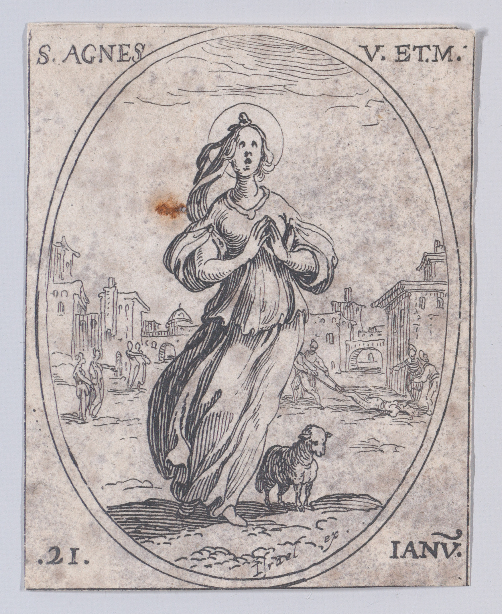 Ste. Agnés, vierge et martyre (St. Agnes, Virgin and Martyr), January 21st, from Les Images De Tous Les Saincts et Saintes de L'Année (Images of All of the Saints and Religious Events of the Year), Jacques Callot (French, Nancy 1592–1635 Nancy), Etching; second state of two (Lieure)