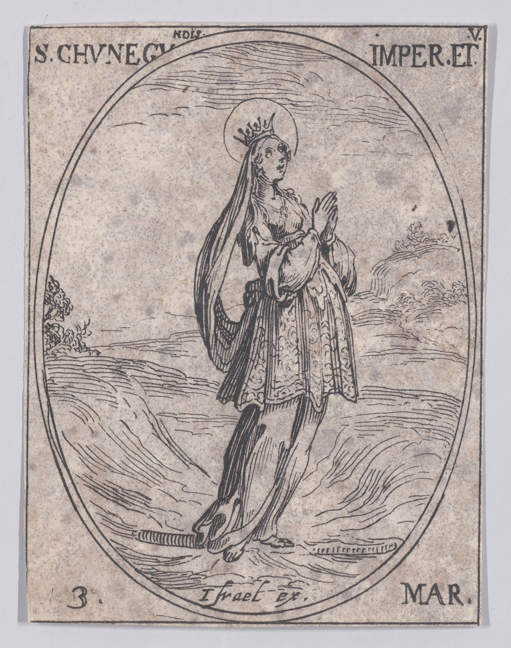 Ste. Cunégonde, impératrice et vierge (St. Cunegund, Empress and Virgin), March 3rd, from Les Images De Tous Les Saincts et Saintes de L'Année (Images of All of the Saints and Religious Events of the Year), Jacques Callot (French, Nancy 1592–1635 Nancy), Etching; second state of two (Lieure)