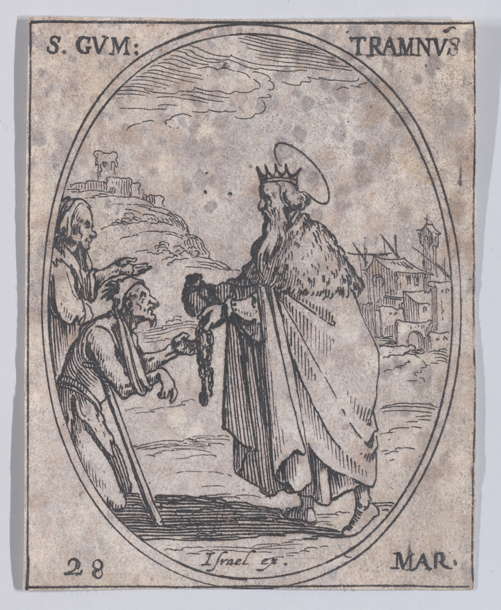S. Gontran (St. Guntram), March 28th, from Les Images De Tous Les Saincts et Saintes de L'Année (Images of All of the Saints and Religious Events of the Year), Jacques Callot (French, Nancy 1592–1635 Nancy), Etching; second state of two (Lieure)